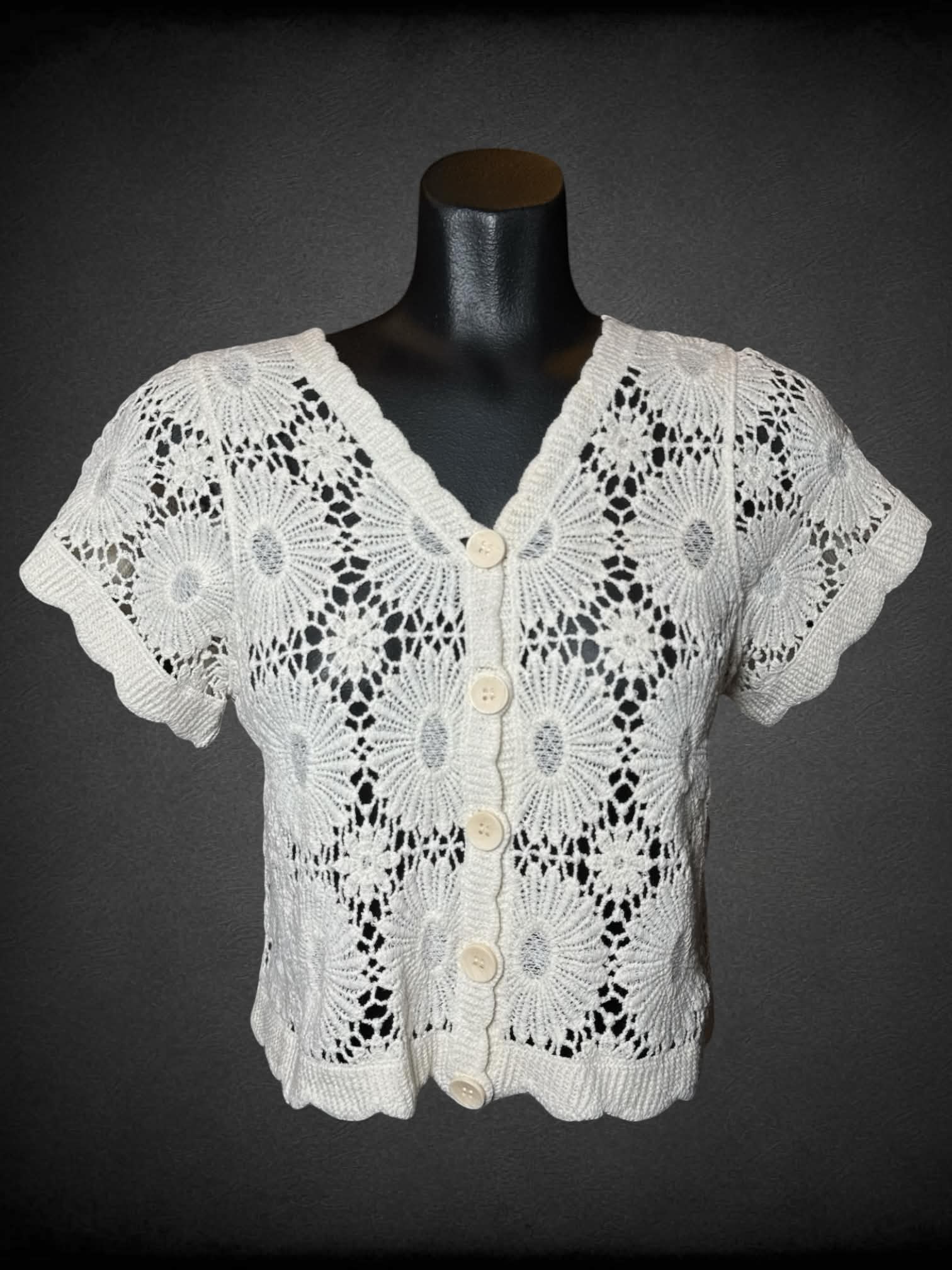 S Rebellion white knit button-up top with floral embroidery