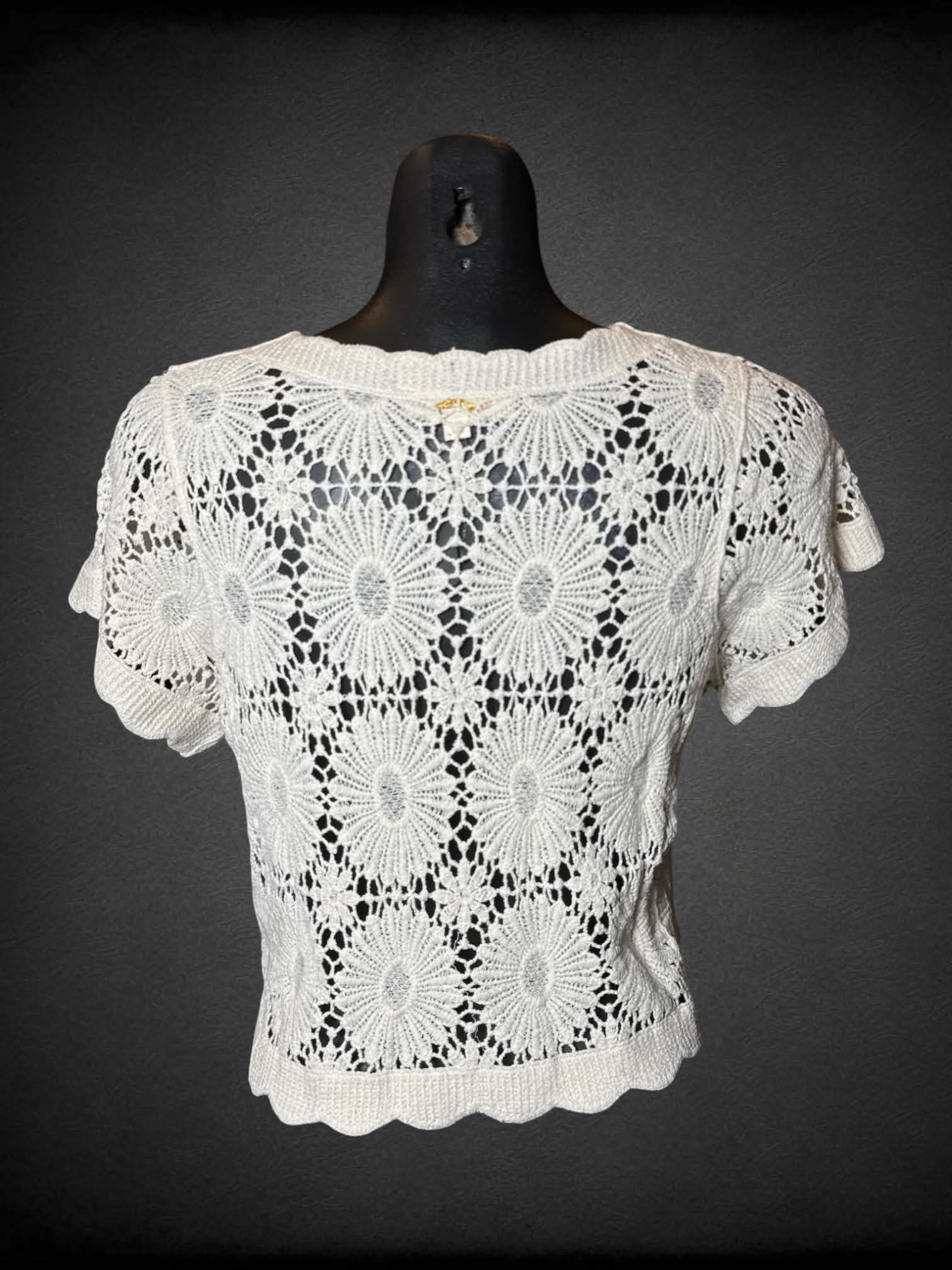 S Rebellion white knit button-up top with floral embroidery