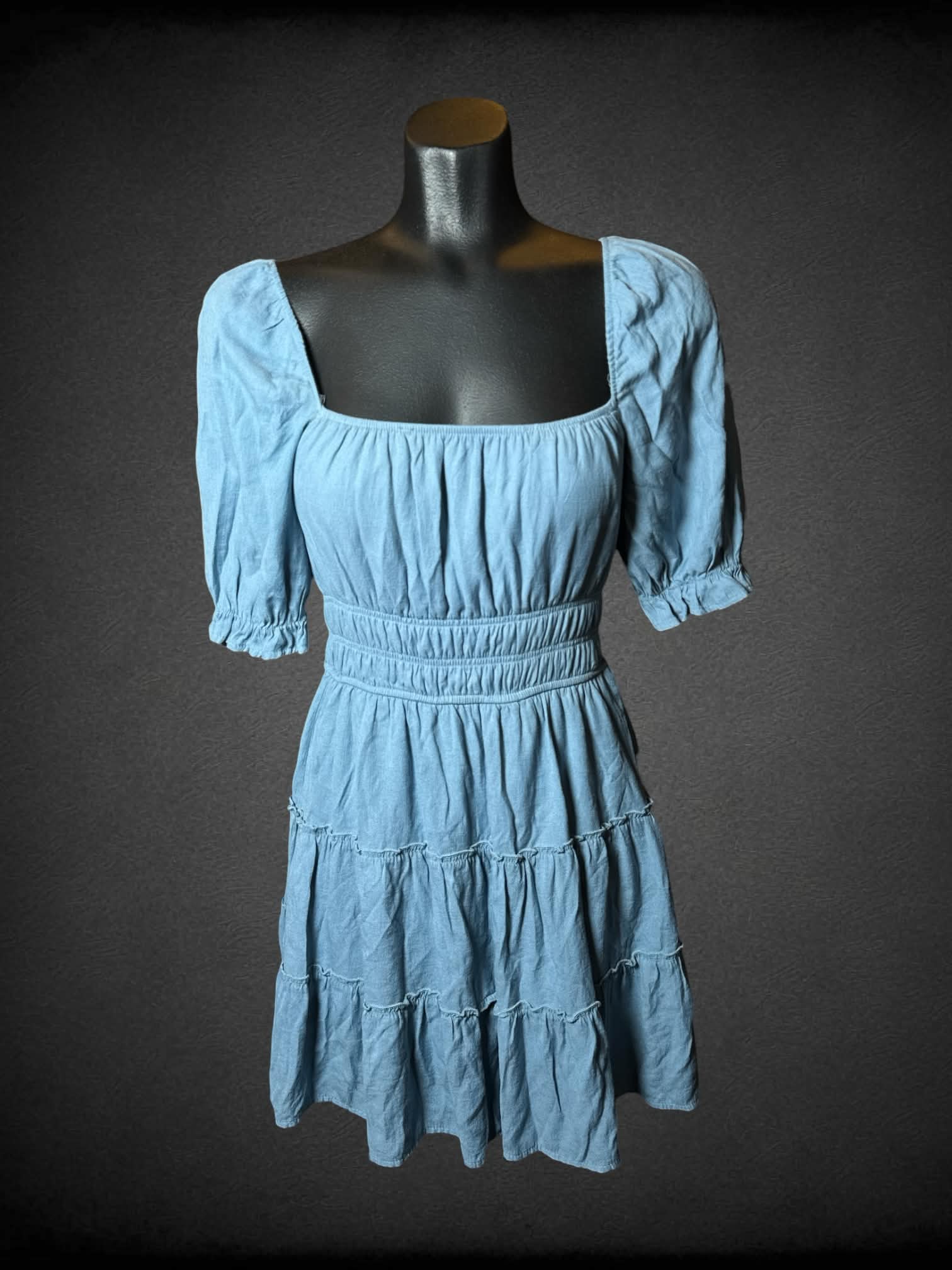S Trixxi blue dress with shirred waist, and layered skirt