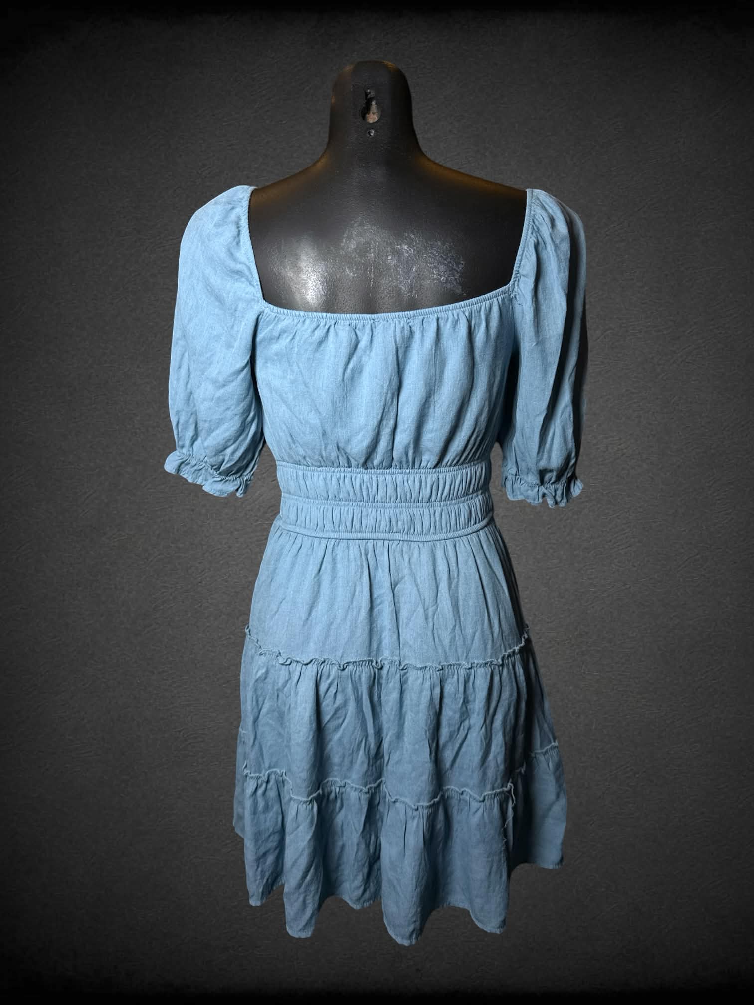 S Trixxi blue dress with shirred waist, and layered skirt