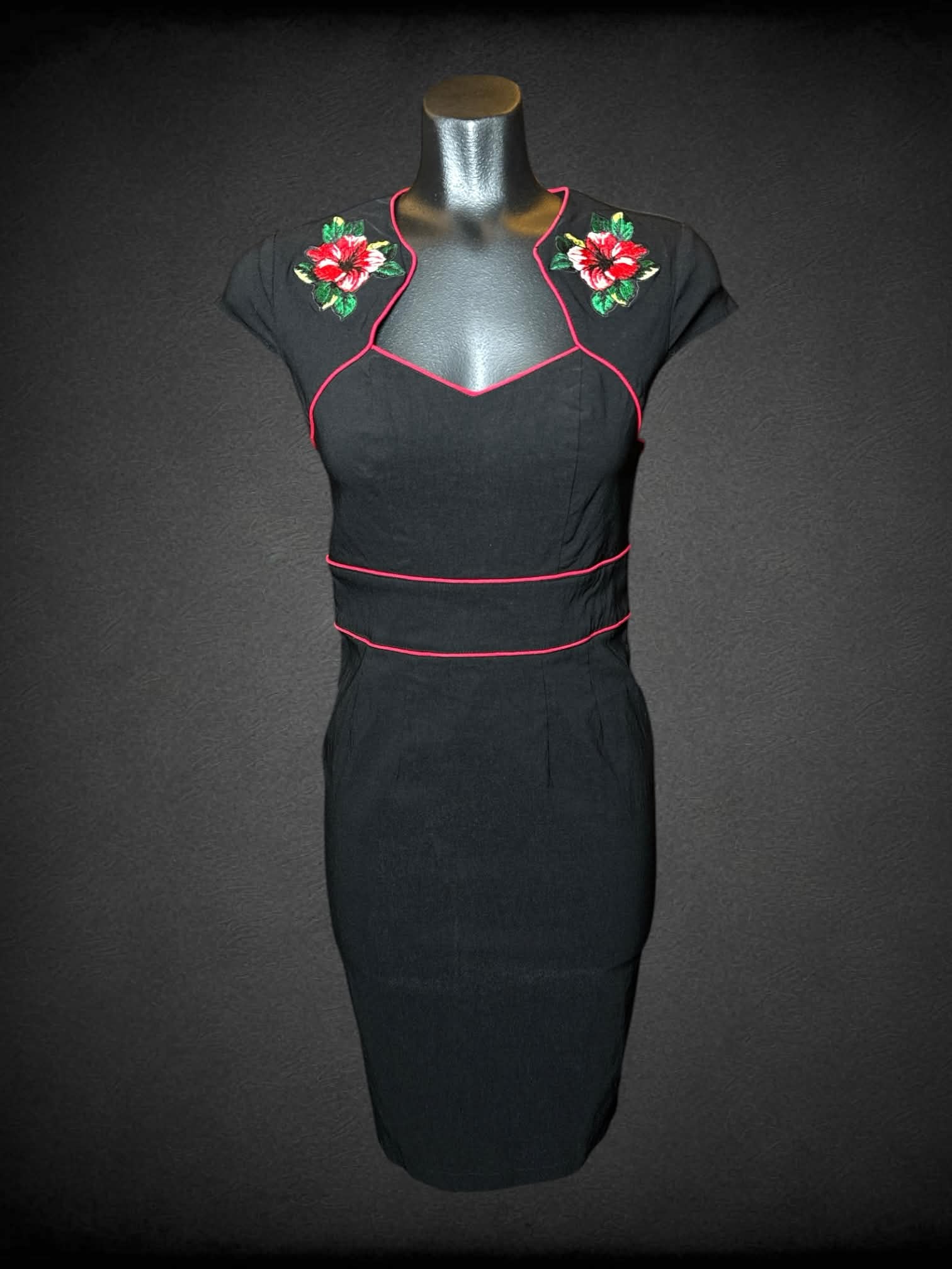 S Hell Bunny Vixen black dress with red accent trimming, embroidered flowers on front and zipper on back