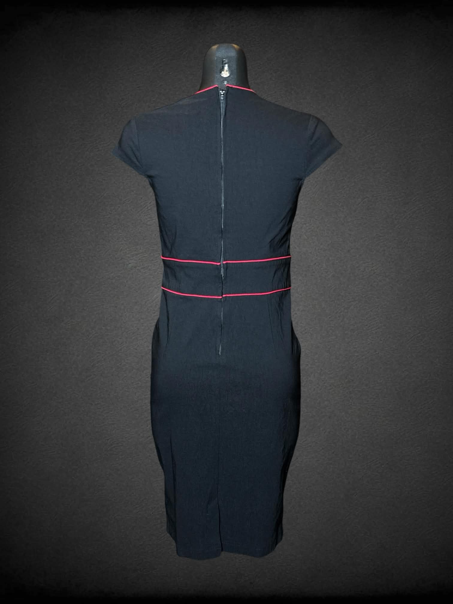 S Hell Bunny Vixen black dress with red accent trimming, embroidered flowers on front and zipper on back