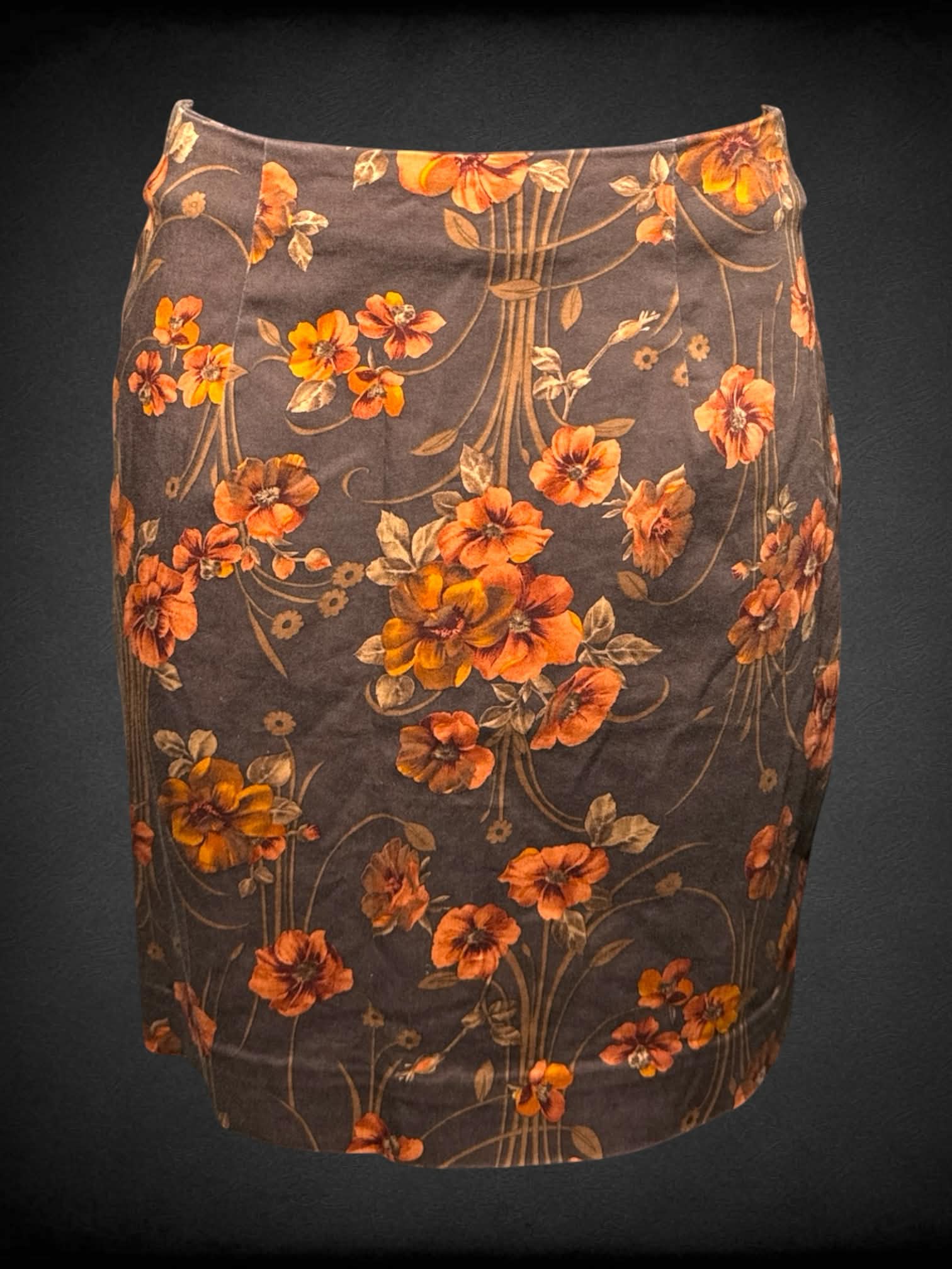 S Annie Alexander vintage brown pencil skirt with orange floral pattern, and zipper on back