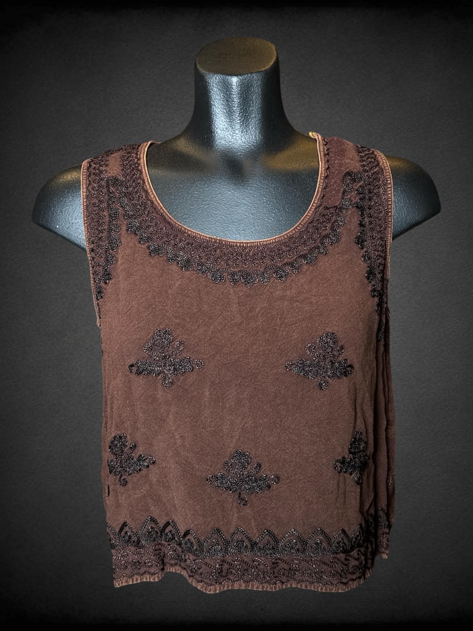 M Earthbound brown tank top with embroidered design on front