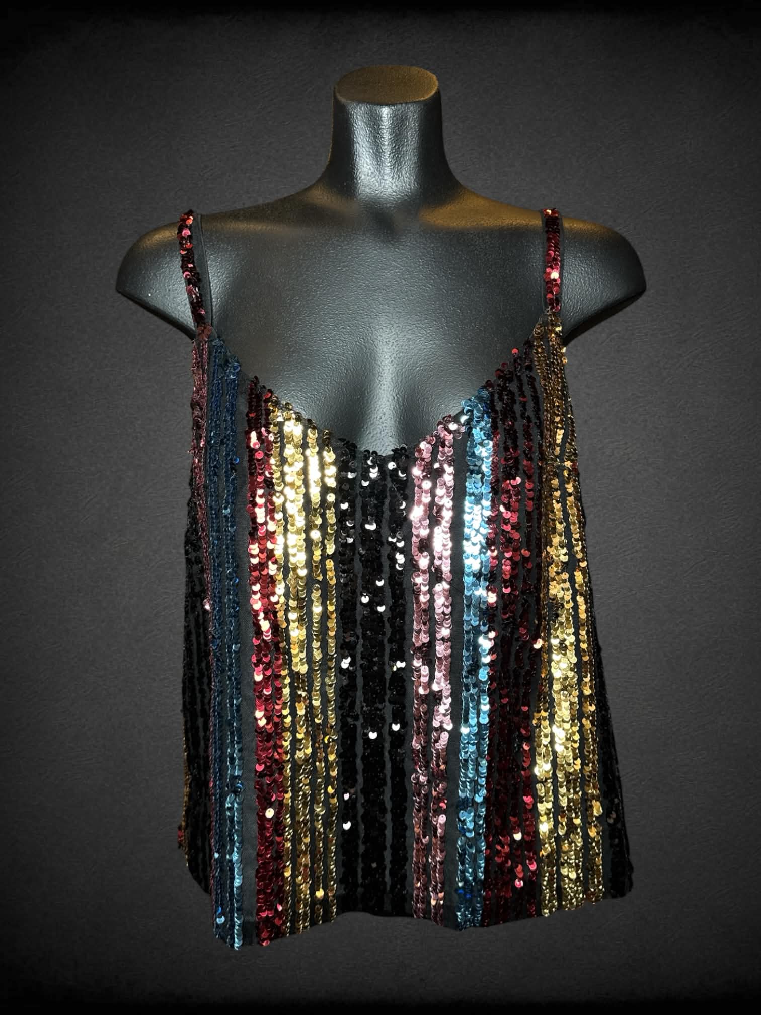 M BB Dakota NWT black tank top with colorful striped sequined design
