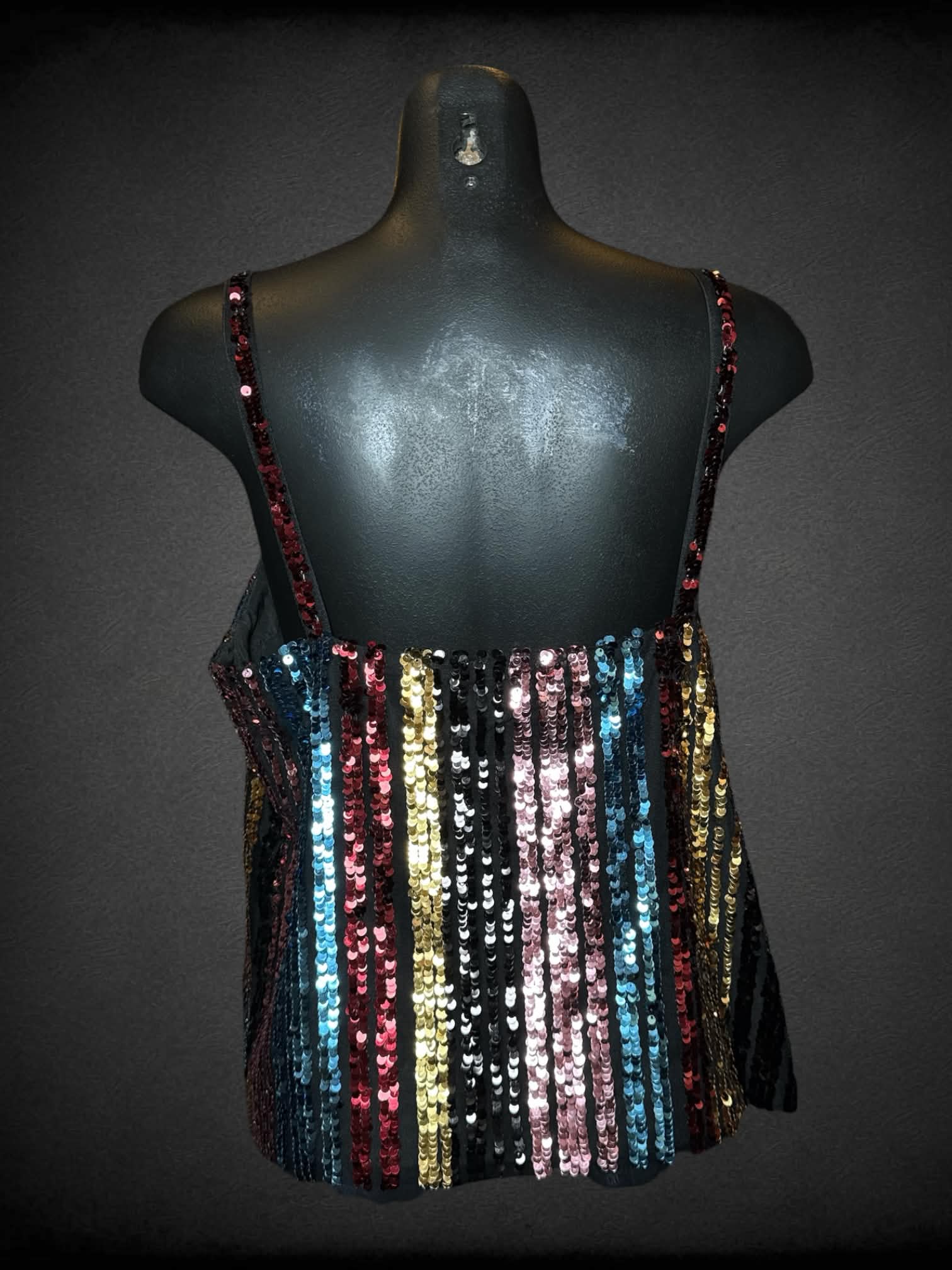 M BB Dakota NWT black tank top with colorful striped sequined design