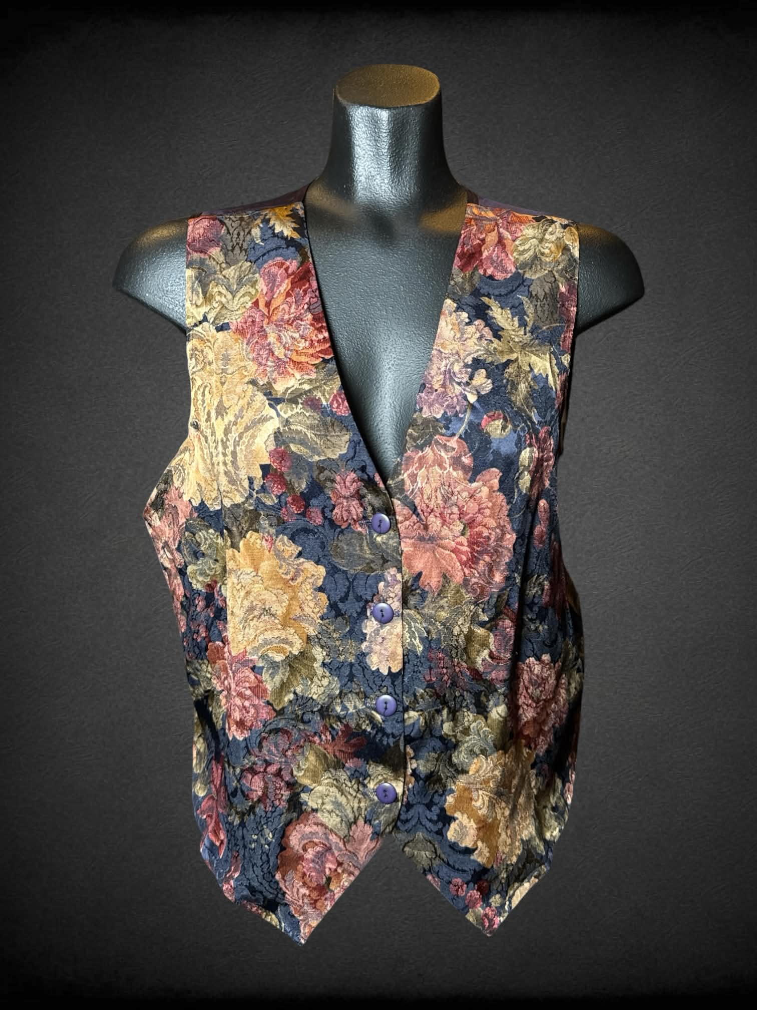 M Ardmore vintage purple button-up vest with floral tapestry design on front