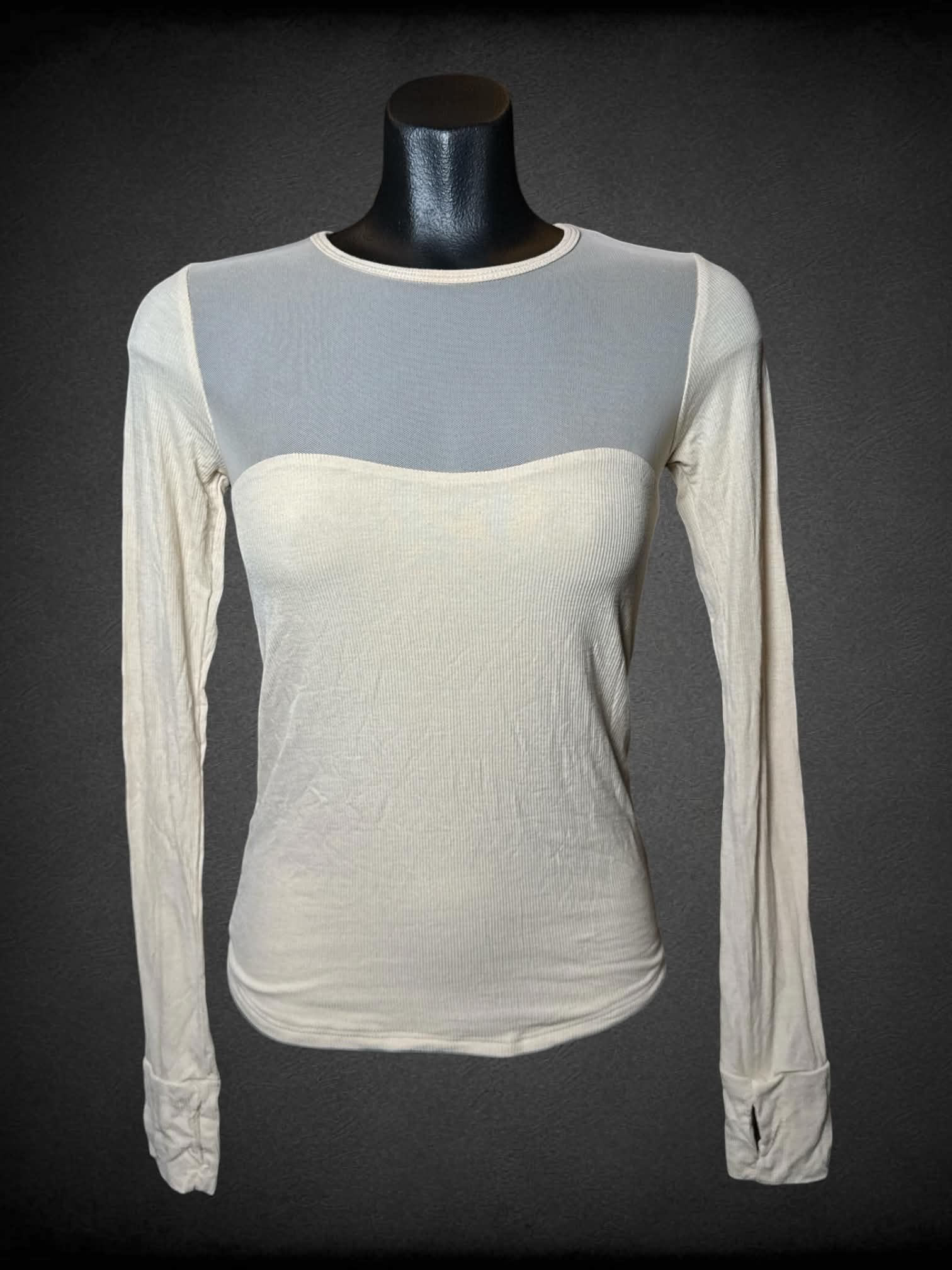 M Michael Lauren NWT tan ribbed long-sleeve top with thumb holes in sleeves, and mesh chest