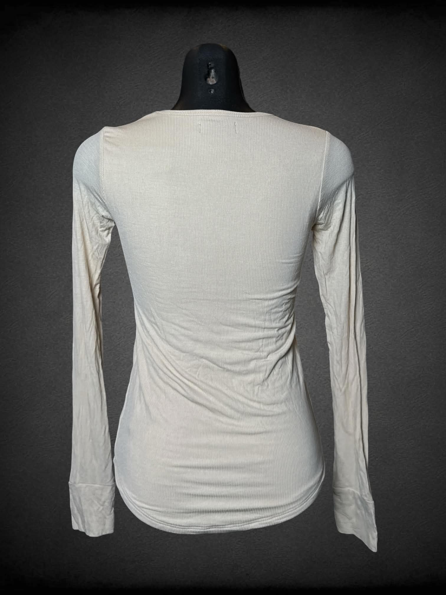 M Michael Lauren NWT tan ribbed long-sleeve top with thumb holes in sleeves, and mesh chest