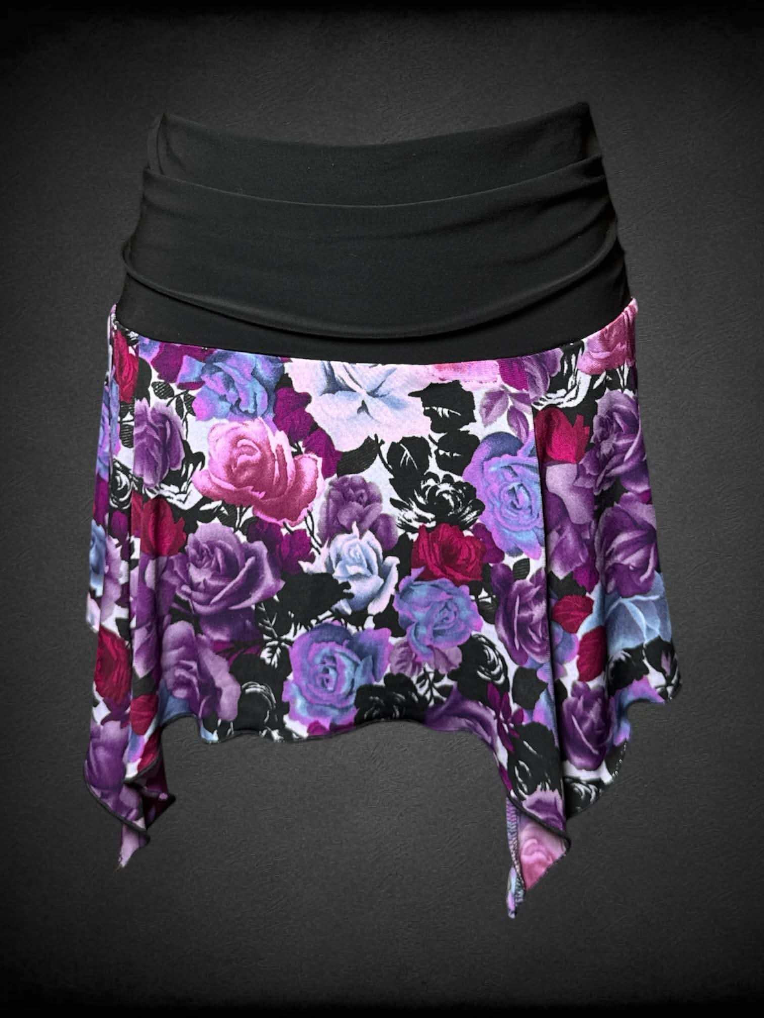M Star City purple rose skirt with black stretch waist, and flowy asymmetrical trim