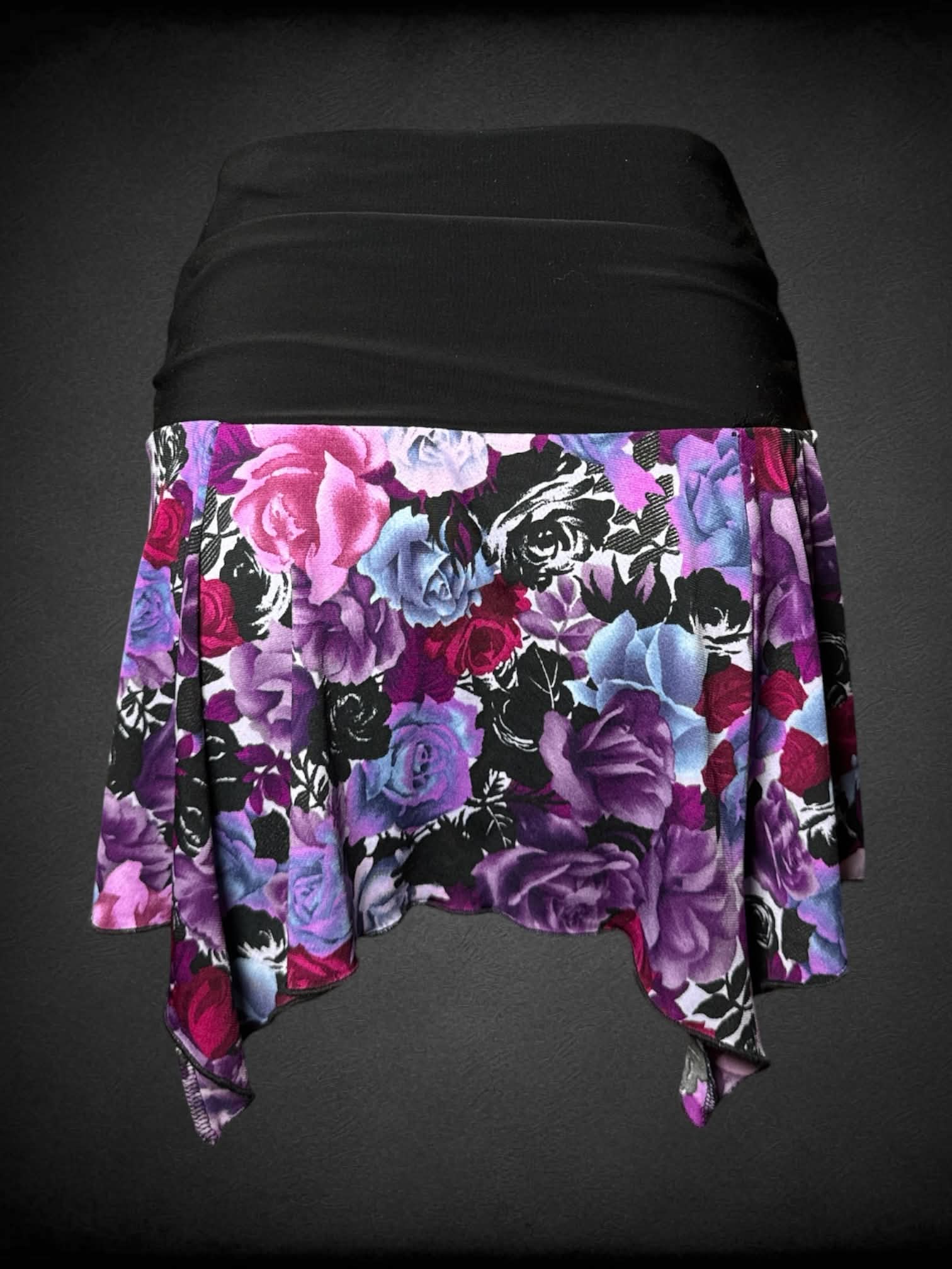 M Star City purple rose skirt with black stretch waist, and flowy asymmetrical trim
