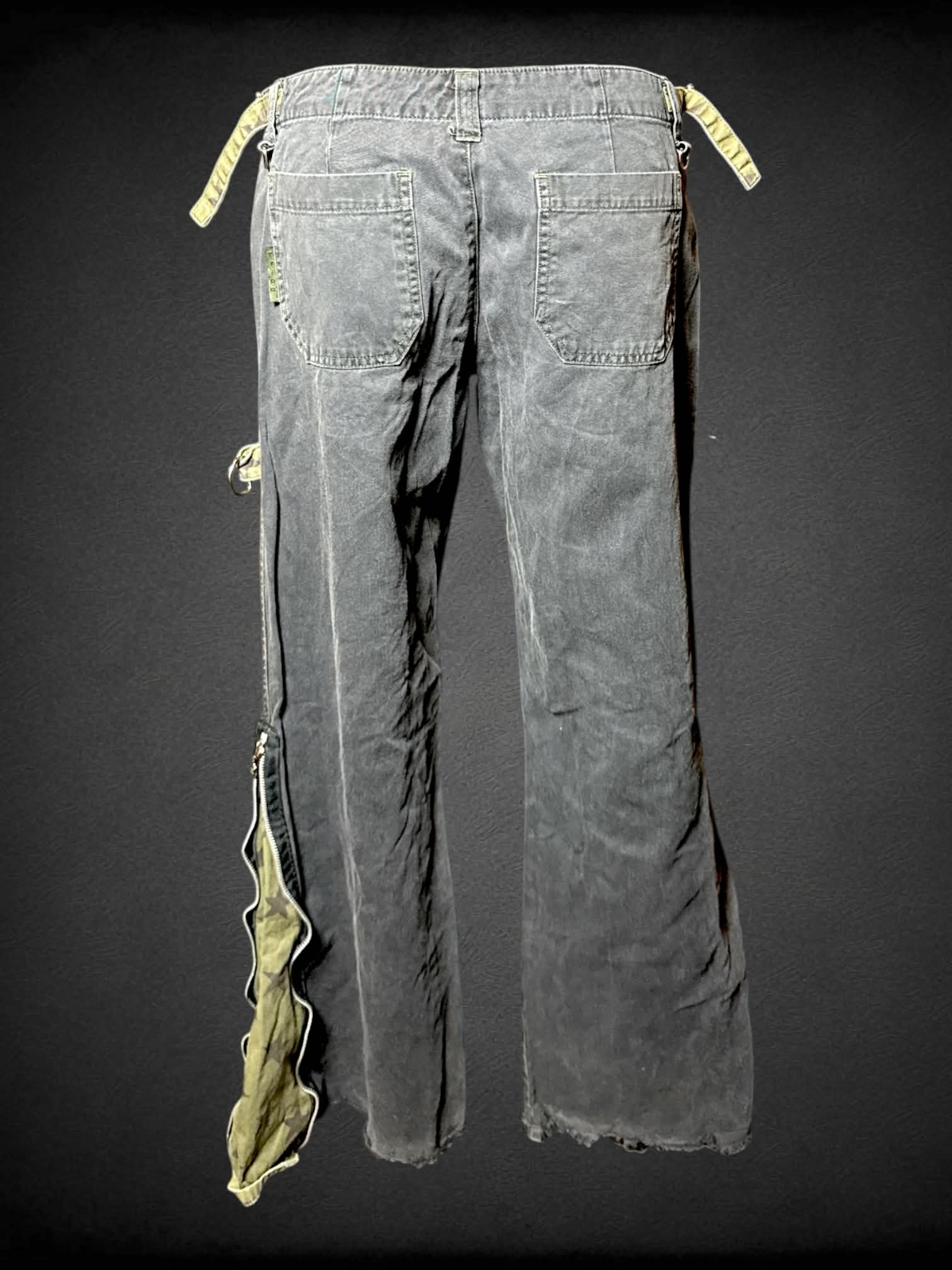 M Tripp NYC vintage grey flare pants with green star zip-up design