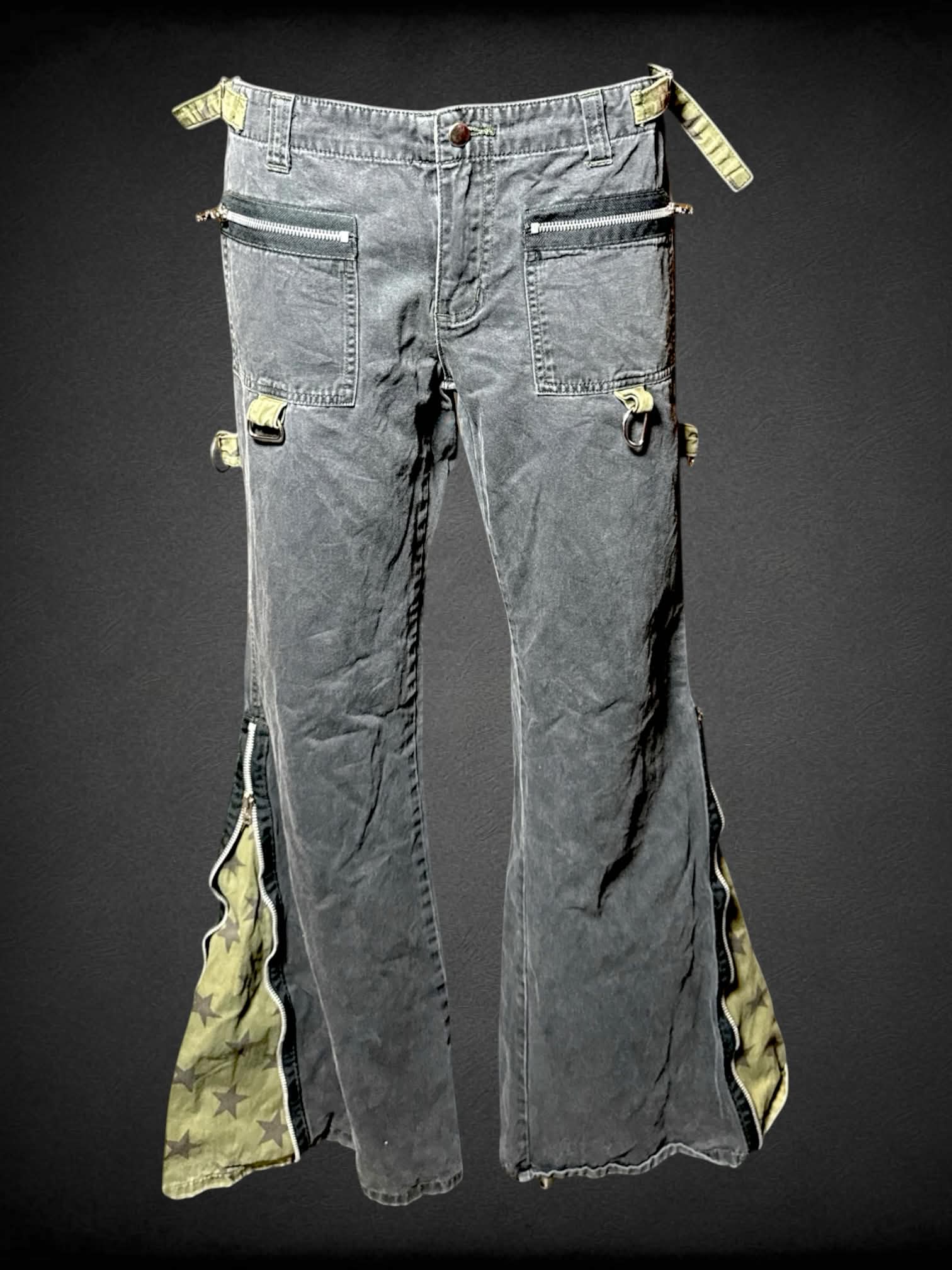 M Tripp NYC vintage grey flare pants with green star zip-up design