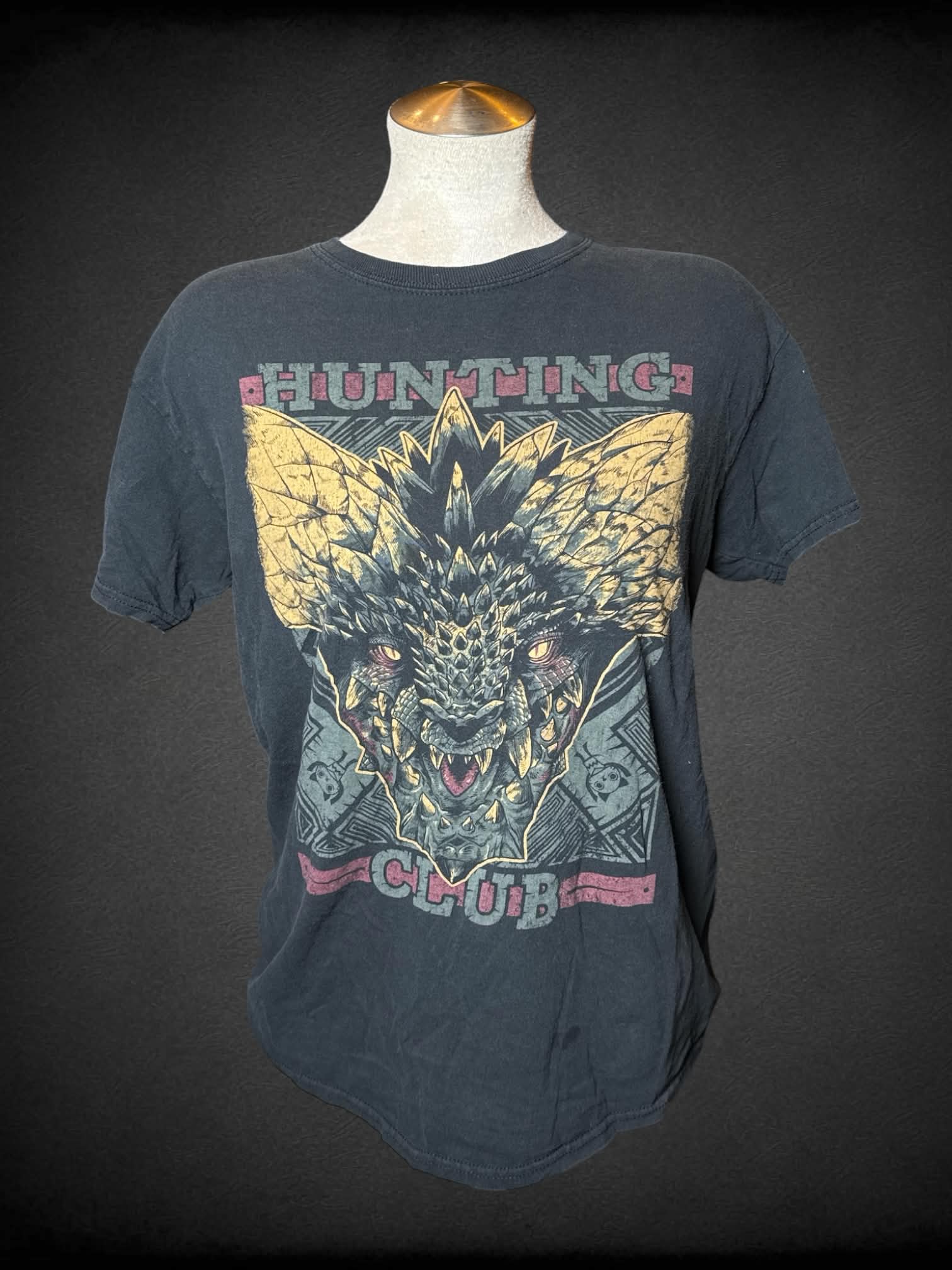L Gildan black t shirt with “Hunting Club” dragon graphic on front