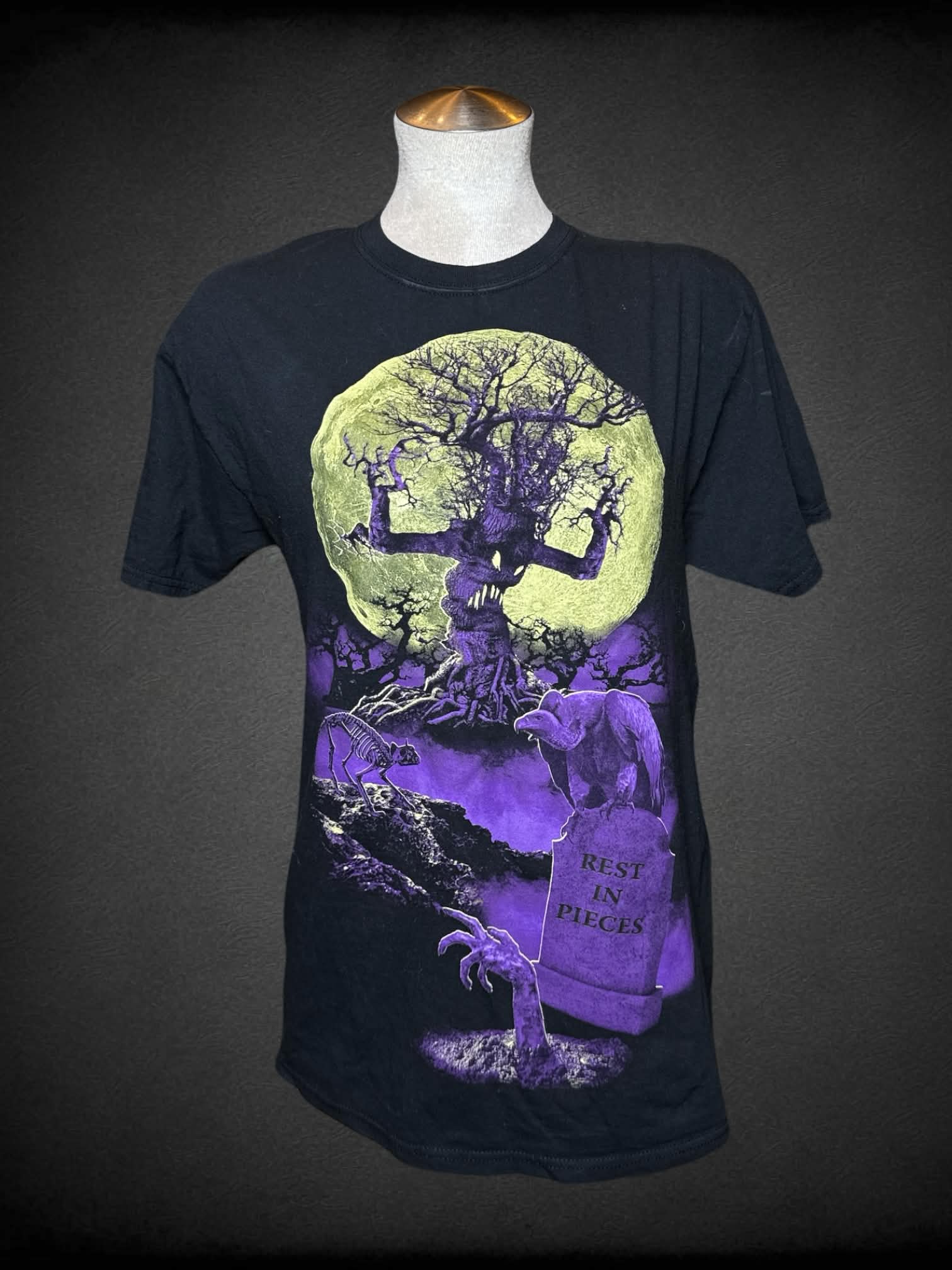 L Happy Halloween black t shirt with purple graveyard Halloween graphic on front