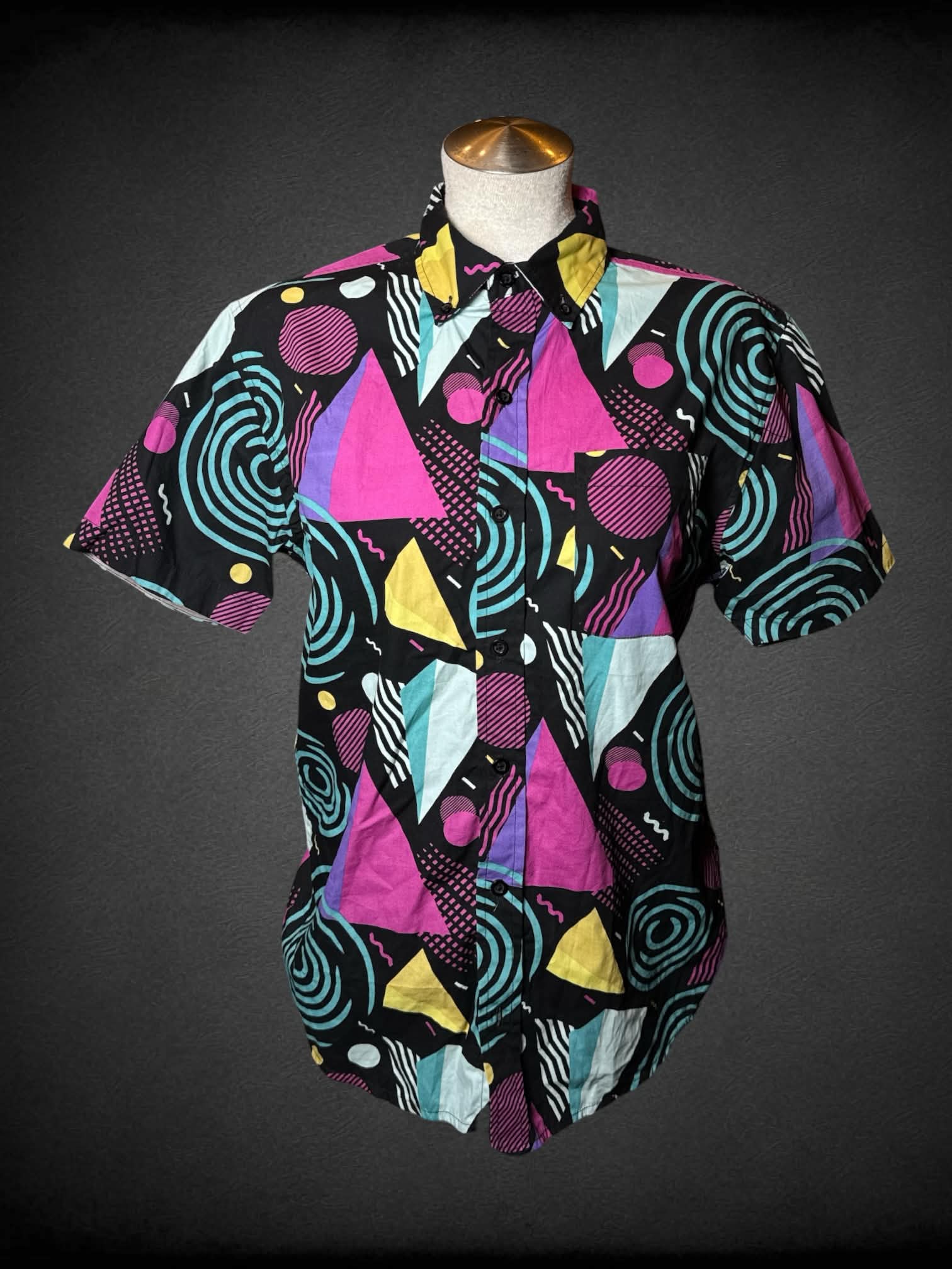 L Massive black button-up shirt with colorful retro design, and pocket on front
