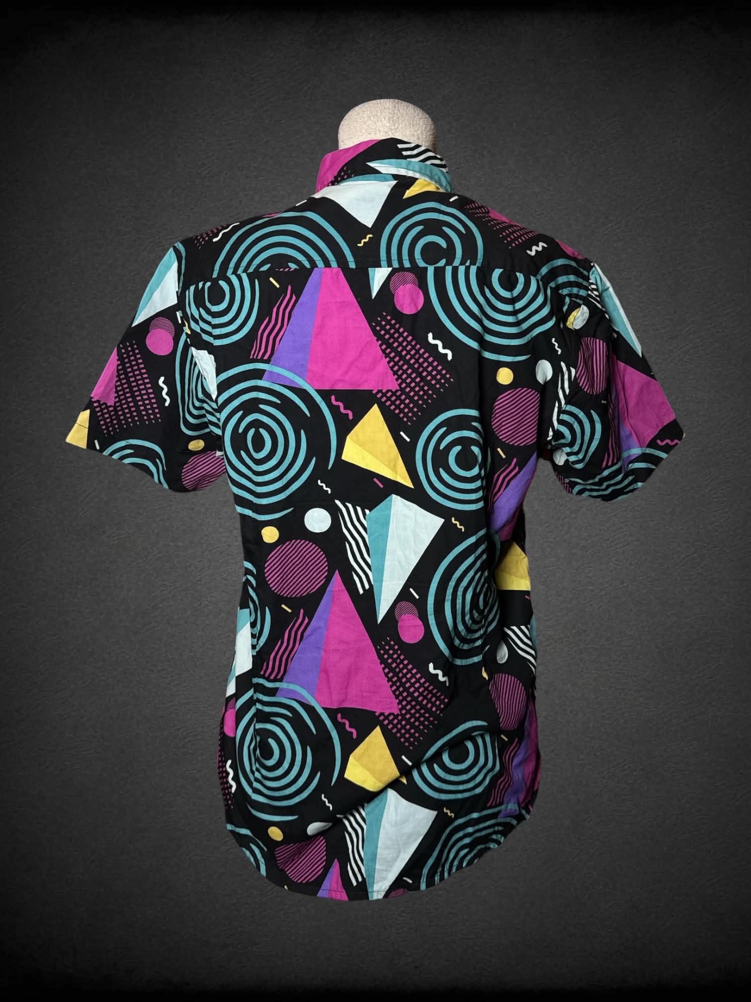 L Massive black button-up shirt with colorful retro design, and pocket on front