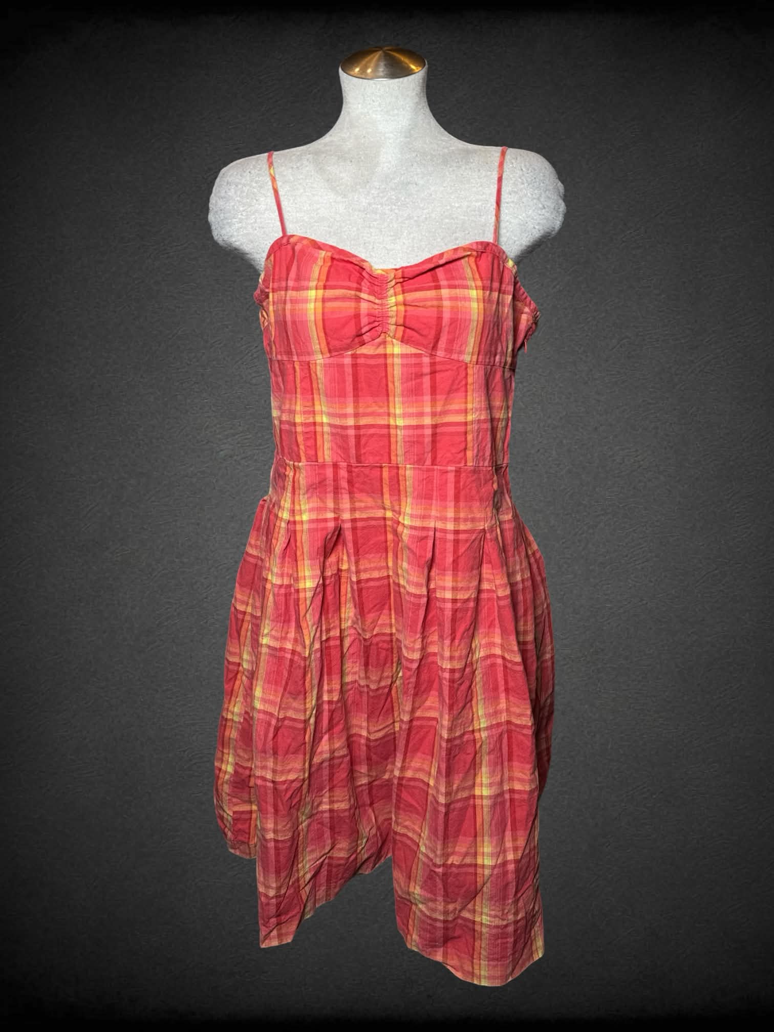L Khakis International Design pink & orange plaid dress with adjustable straps, and zipper on side
