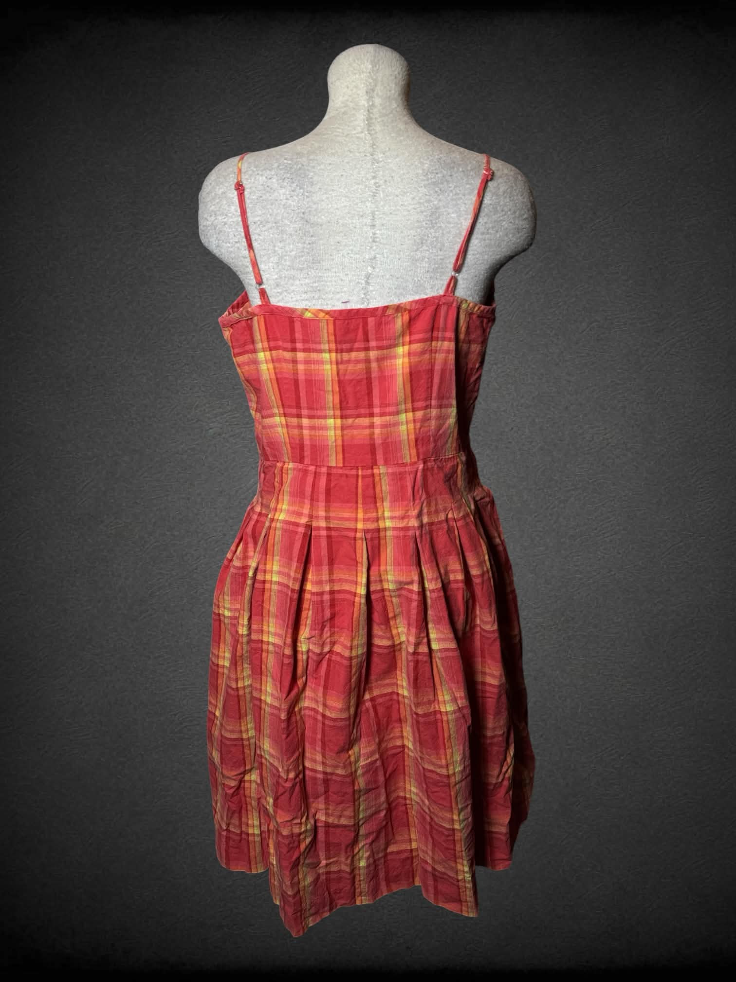 L Khakis International Design pink & orange plaid dress with adjustable straps, and zipper on side