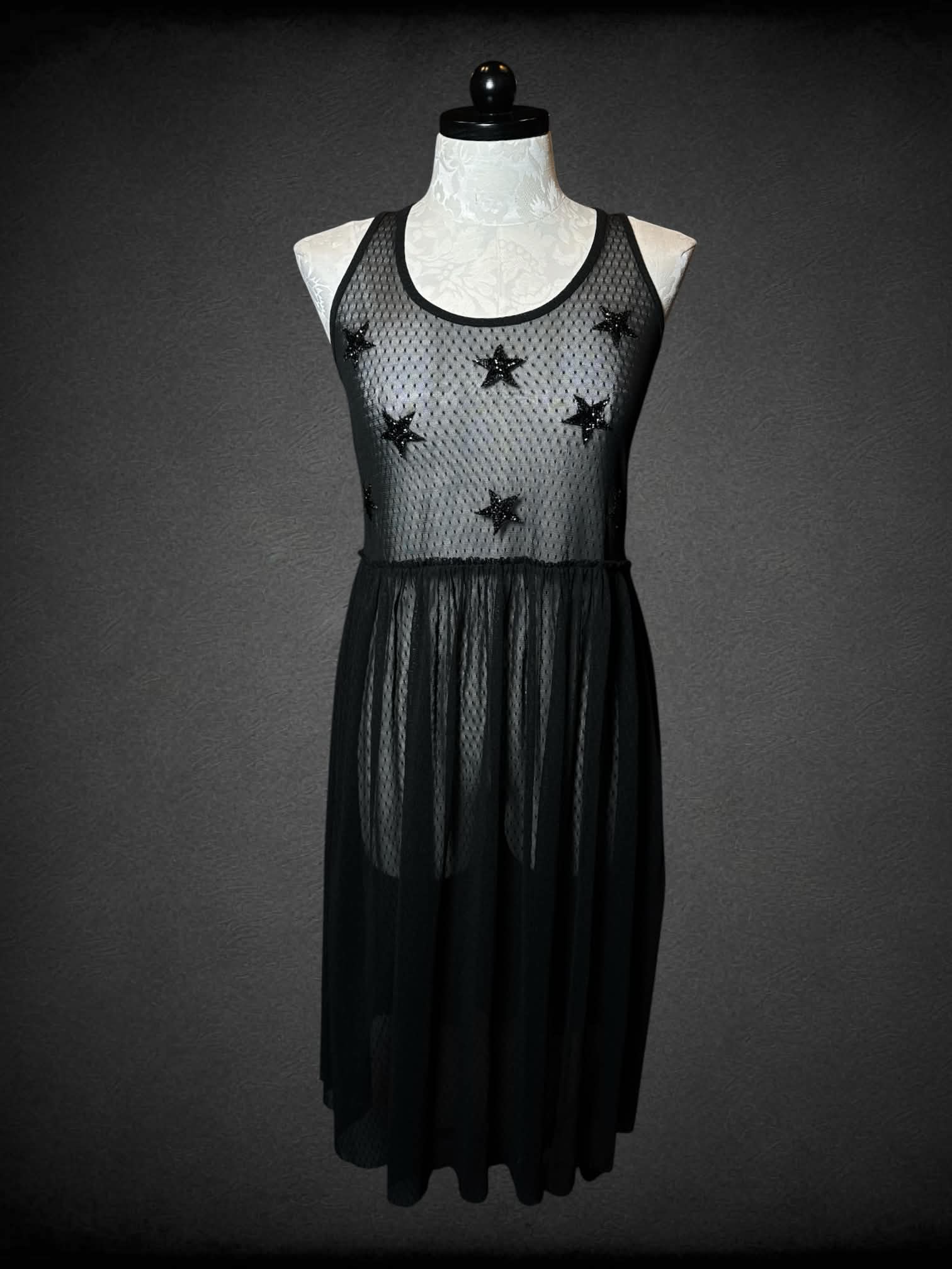 XL mango mesh black dress with bejeweled star pattern