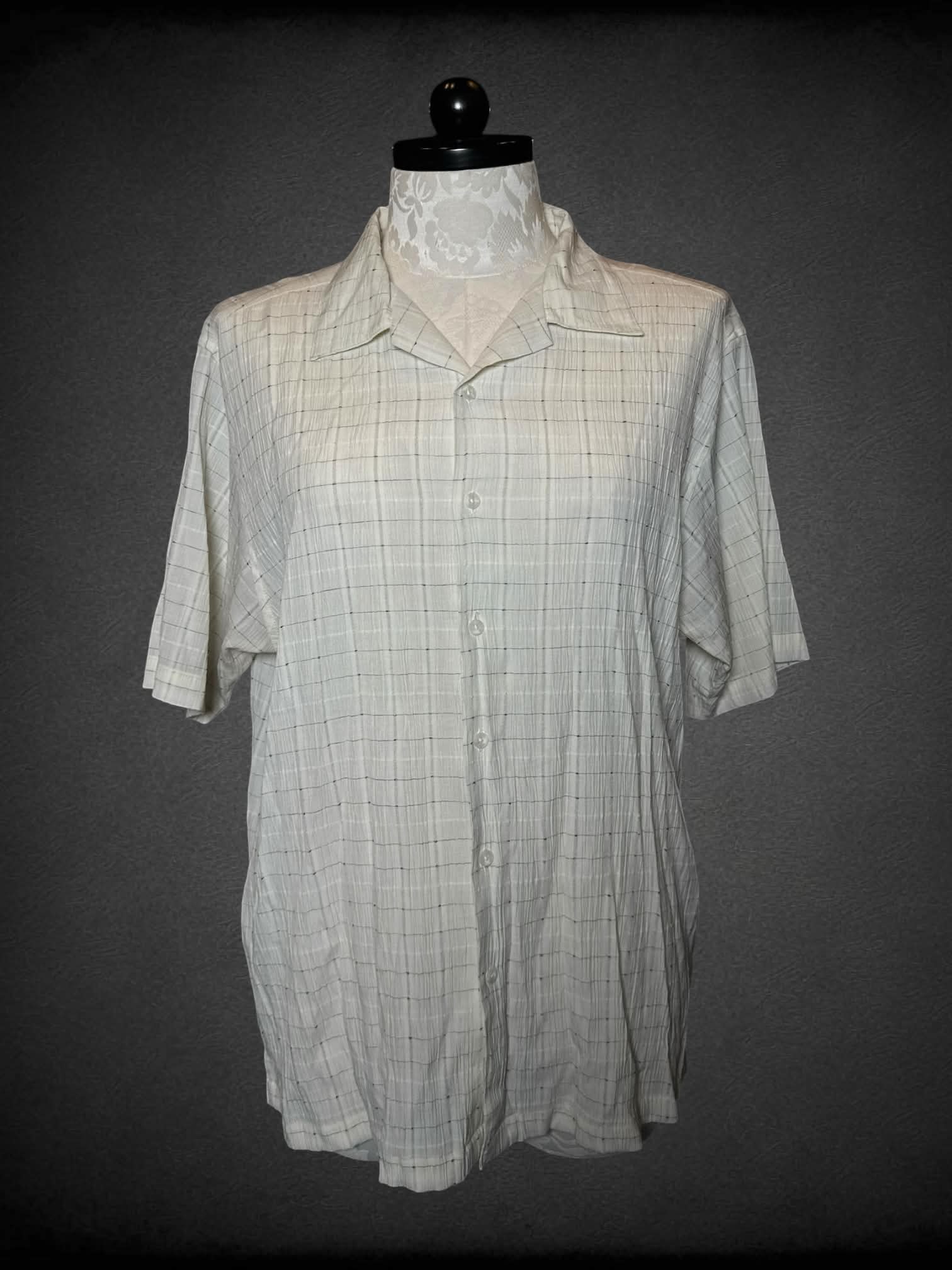 1X Cassel vintage white sheer button-up shirt with grey grid pattern
