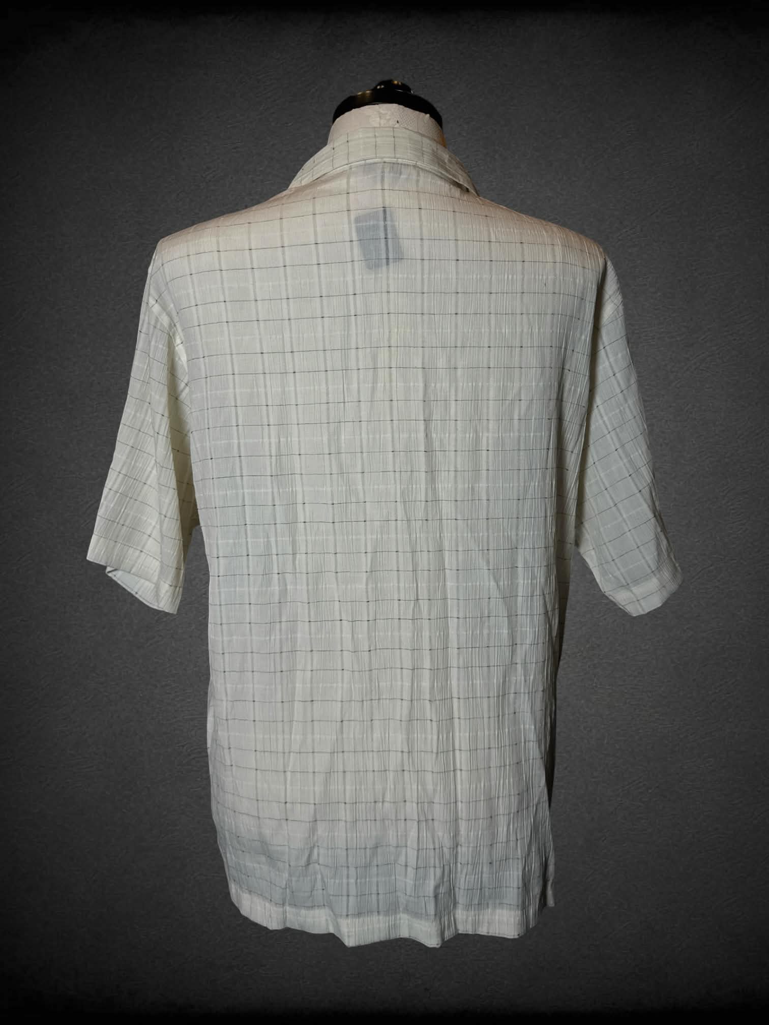 1X Cassel vintage white sheer button-up shirt with grey grid pattern
