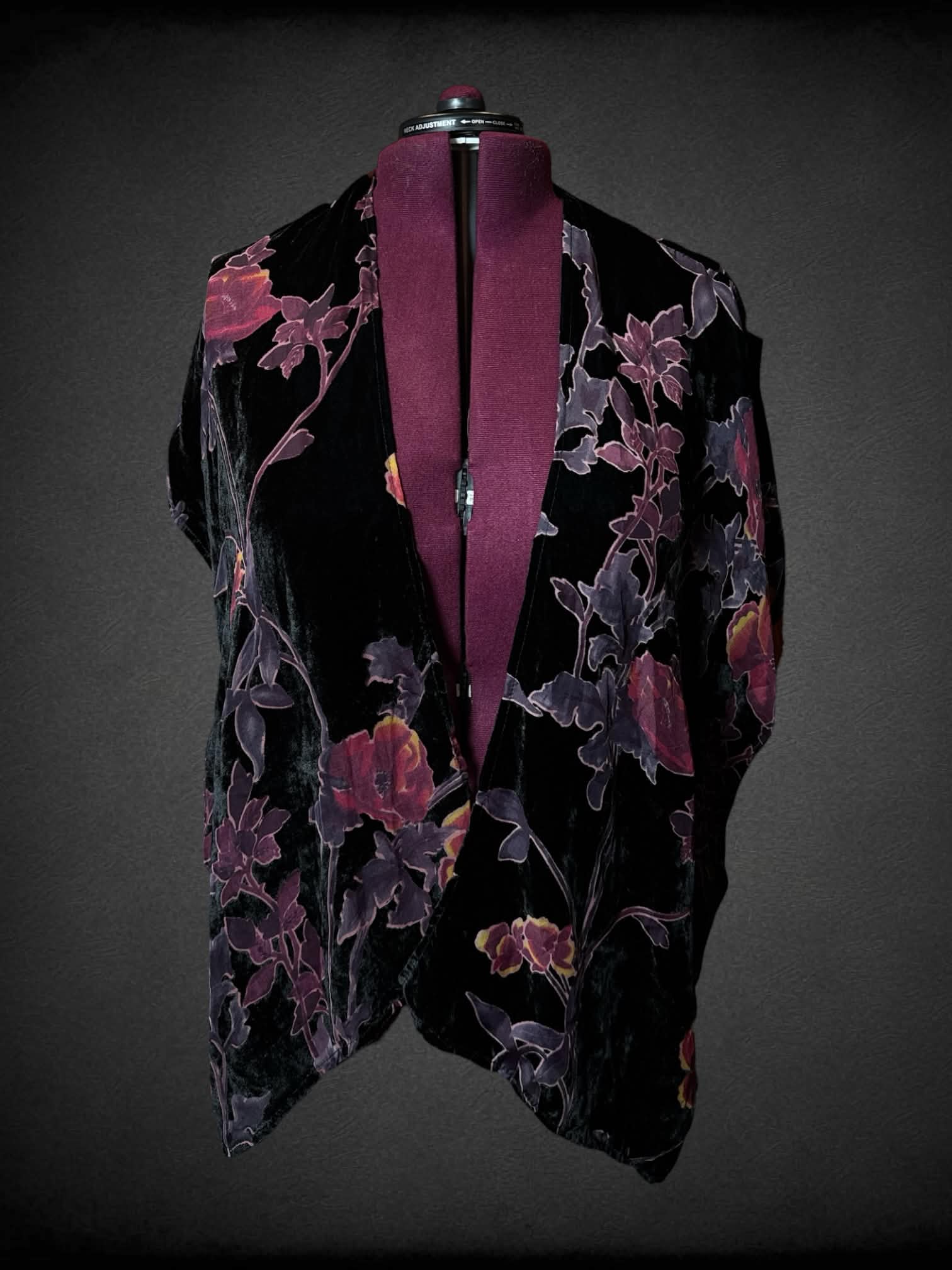2X Francesca’s black velvet-like flowy cardigan with purple floral pattern