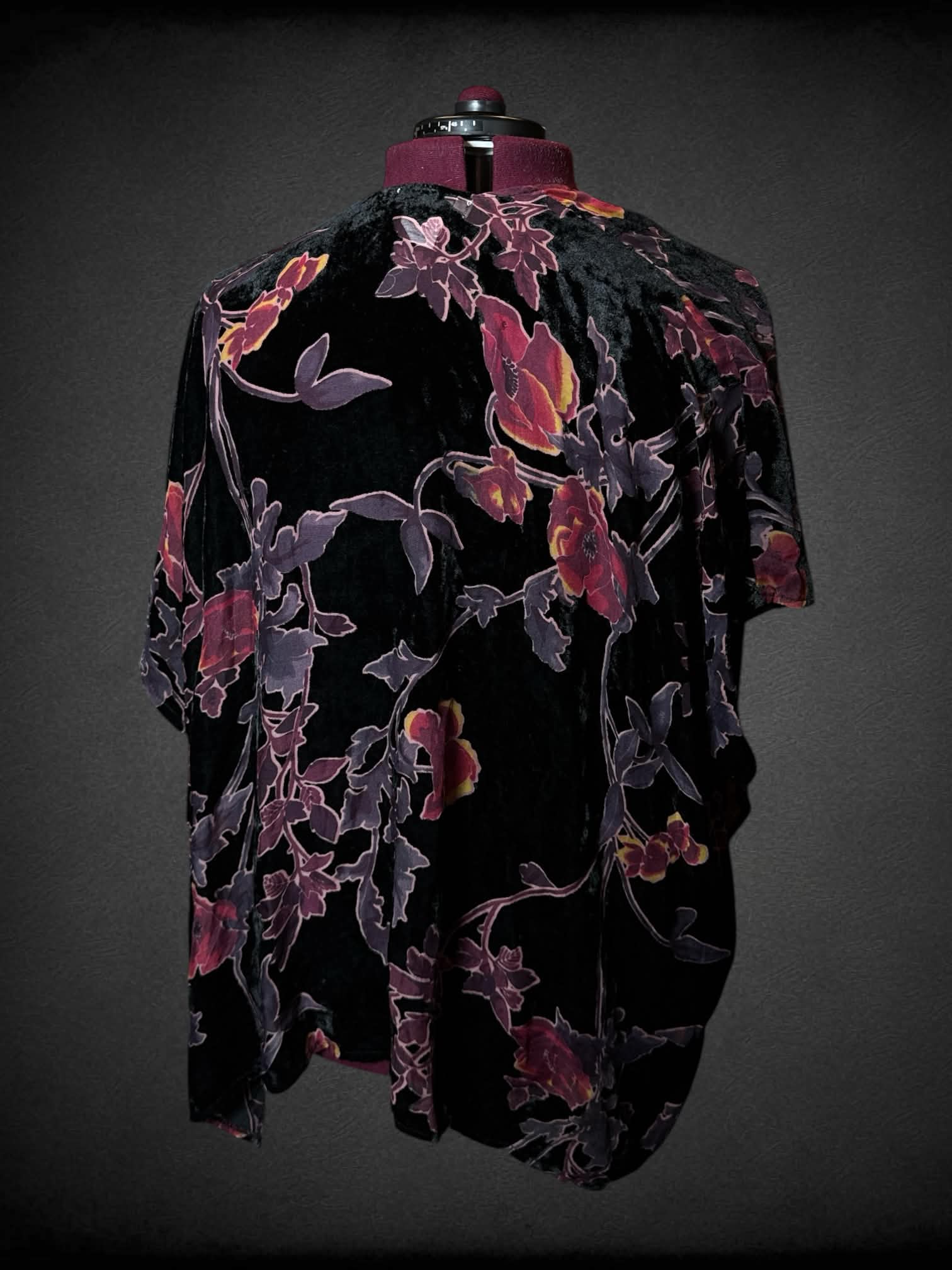 2X Francesca’s black velvet-like flowy cardigan with purple floral pattern