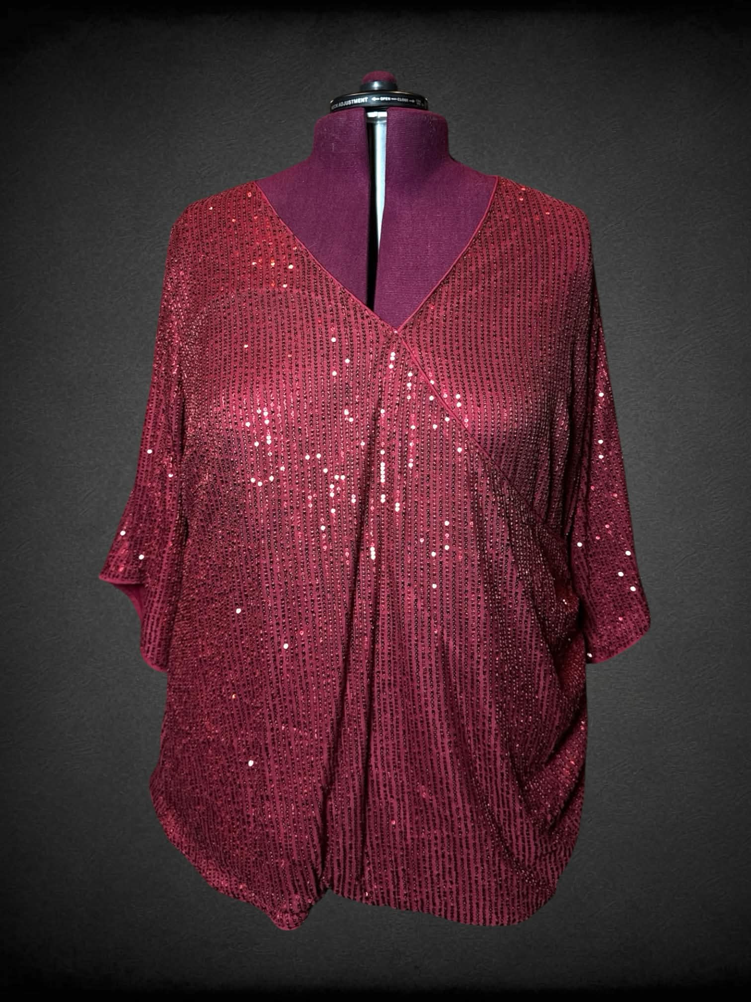 2X Bloomchic wine red sequined blouse with asymmetrical cut on front