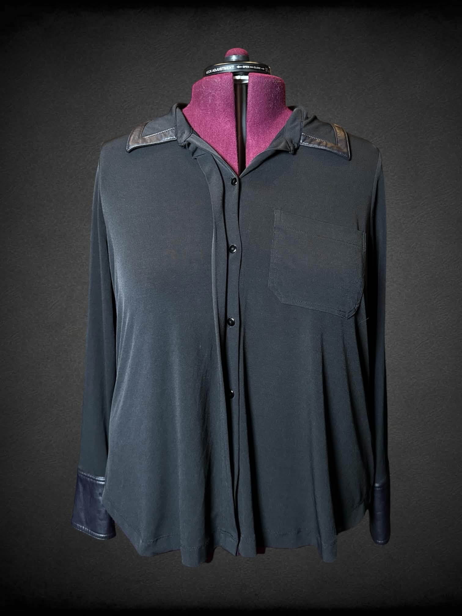 2X Lane Bryant black button-up shirt with faux leather detailing on sleeves and collar