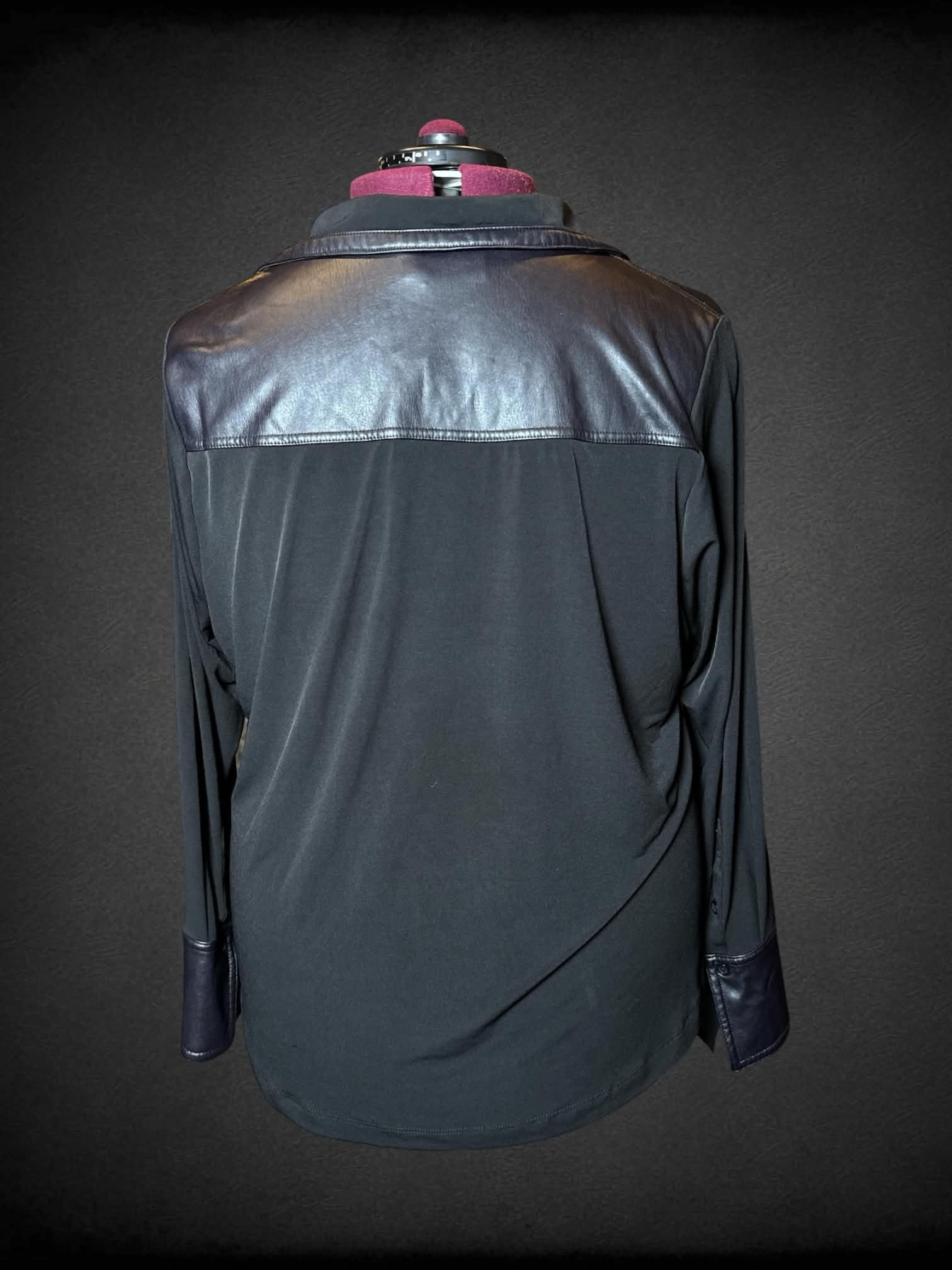 2X Lane Bryant black button-up shirt with faux leather detailing on sleeves and collar