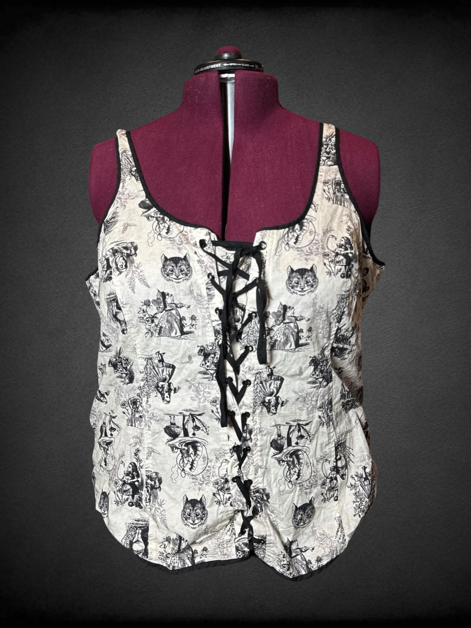 4X Thorn & Fable white corset top with “Alice In Wonderland” illustrative pattern