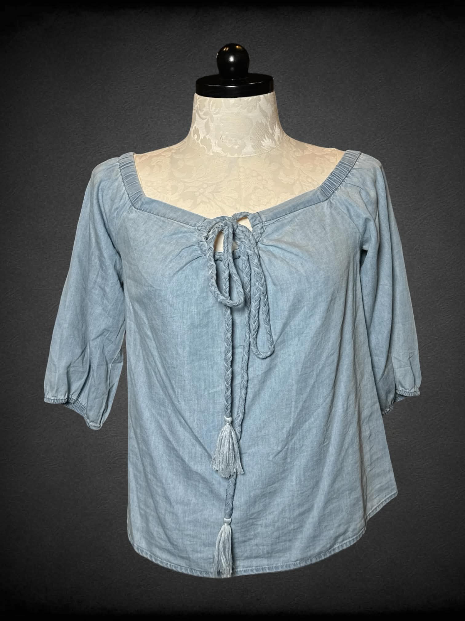 0X 1250°C blue three-quarter sleeve blouse with braided tie on front
