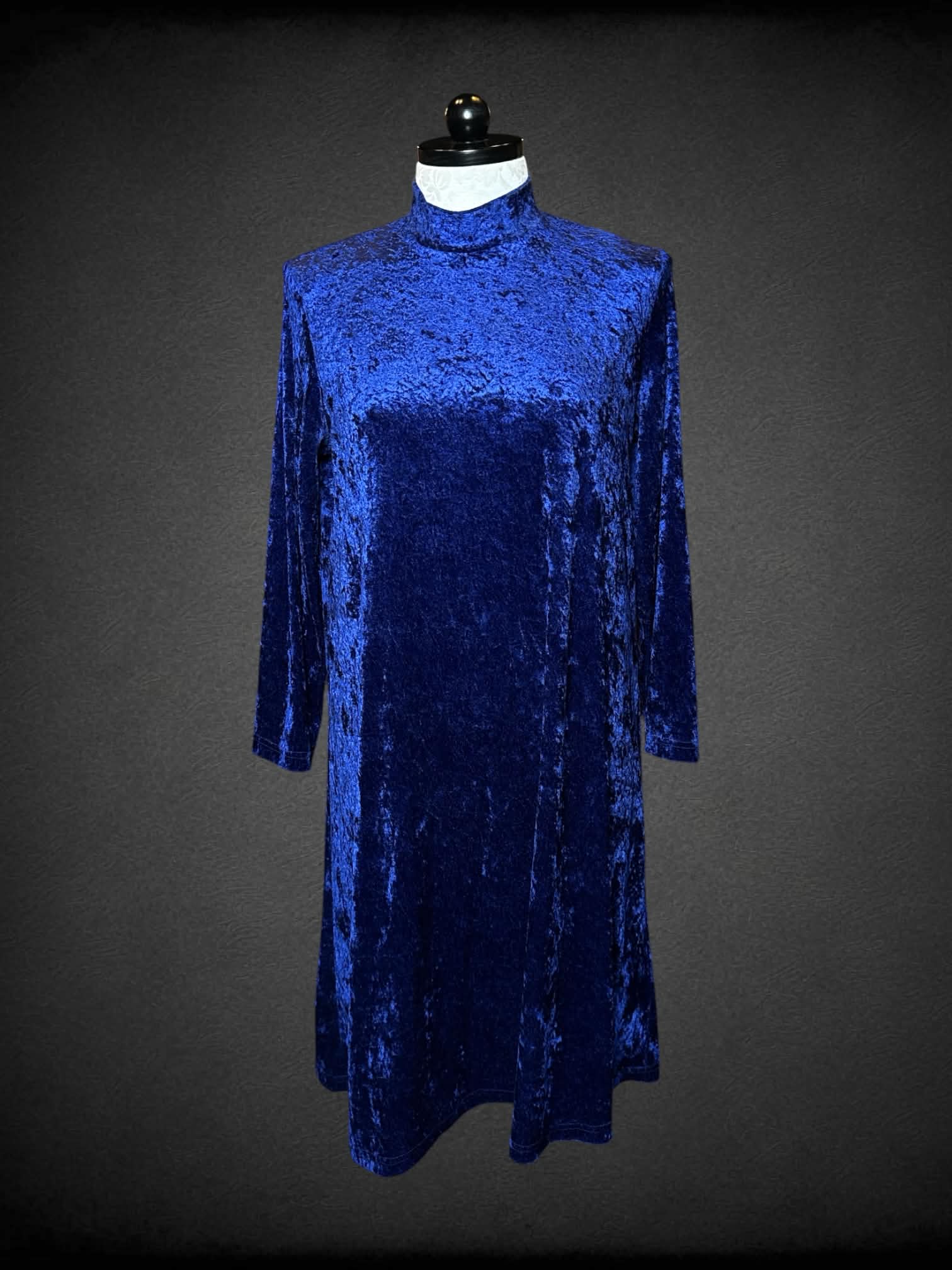 0X Teddi vintage blue crushed velvet dress with turtleneck and zipper on back