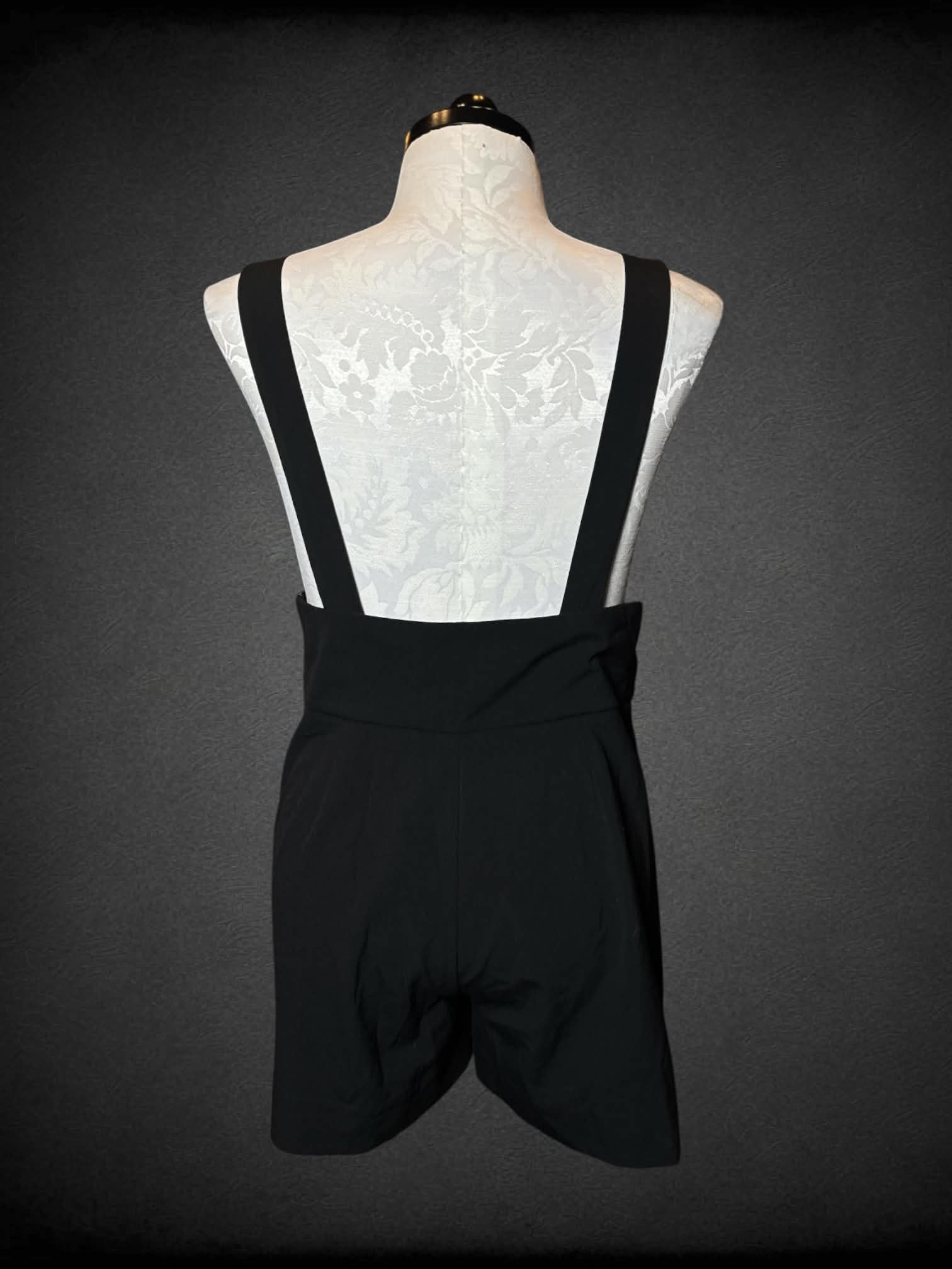 0X Black Milk black suspender shorts with adjustable buttons, and zipper on side