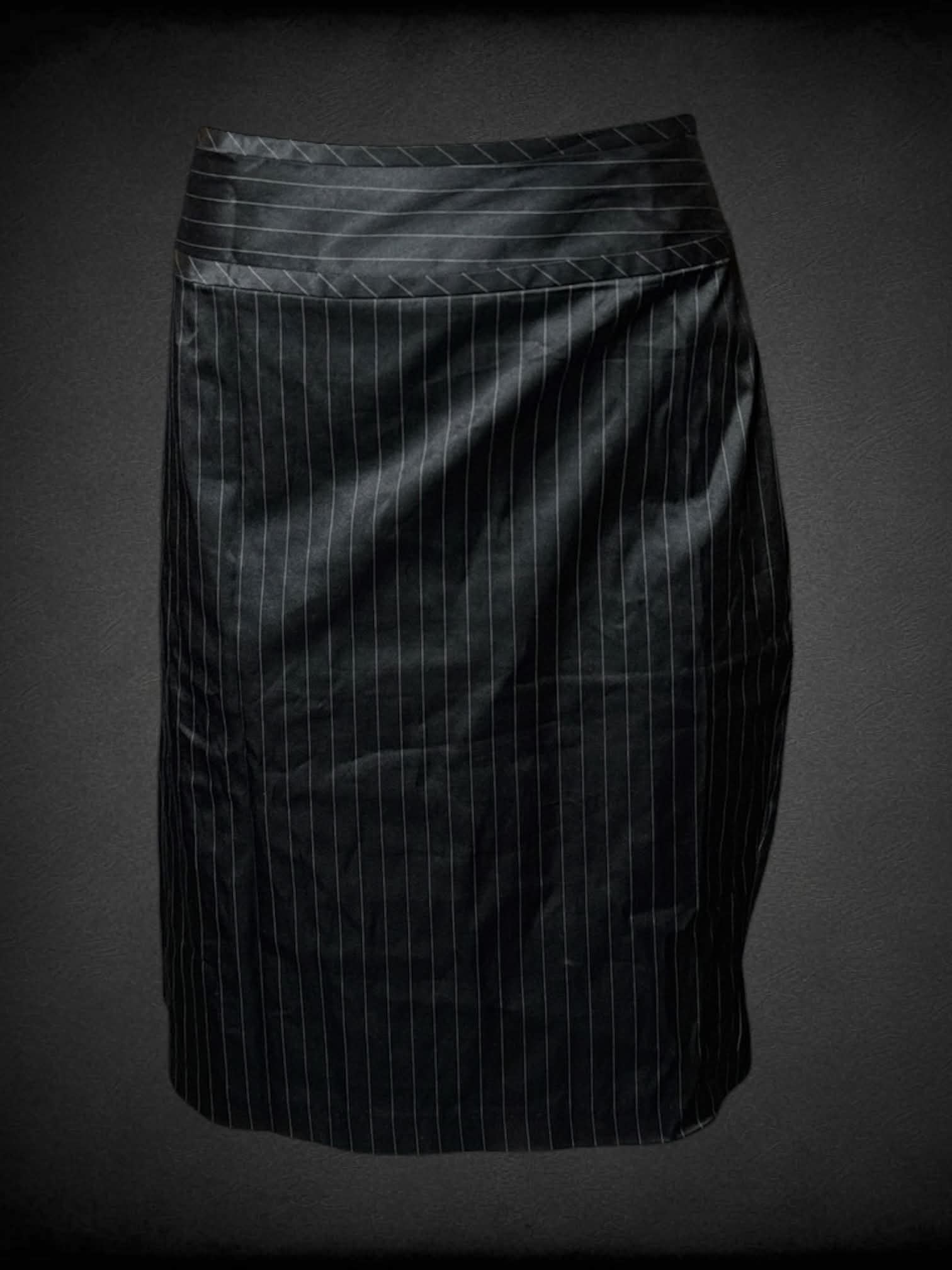 L Studio Y black silk-like pencil skirt with white stripes and zipper on back