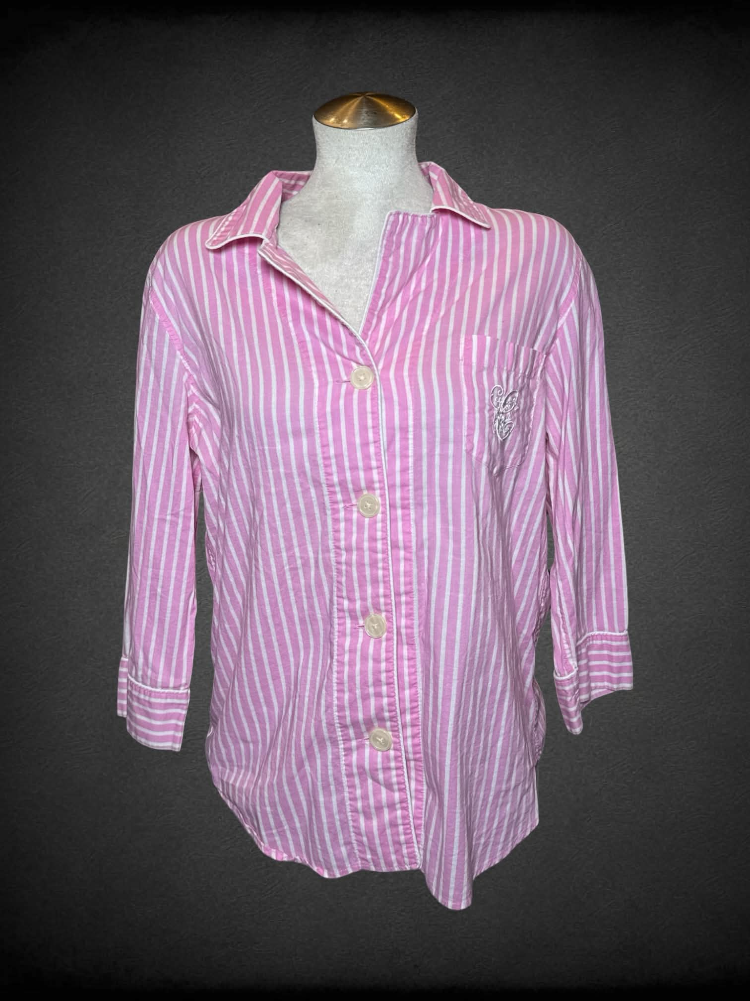 L Chaps pink & white striped button-up shirt with embroidered “C” on front pocket