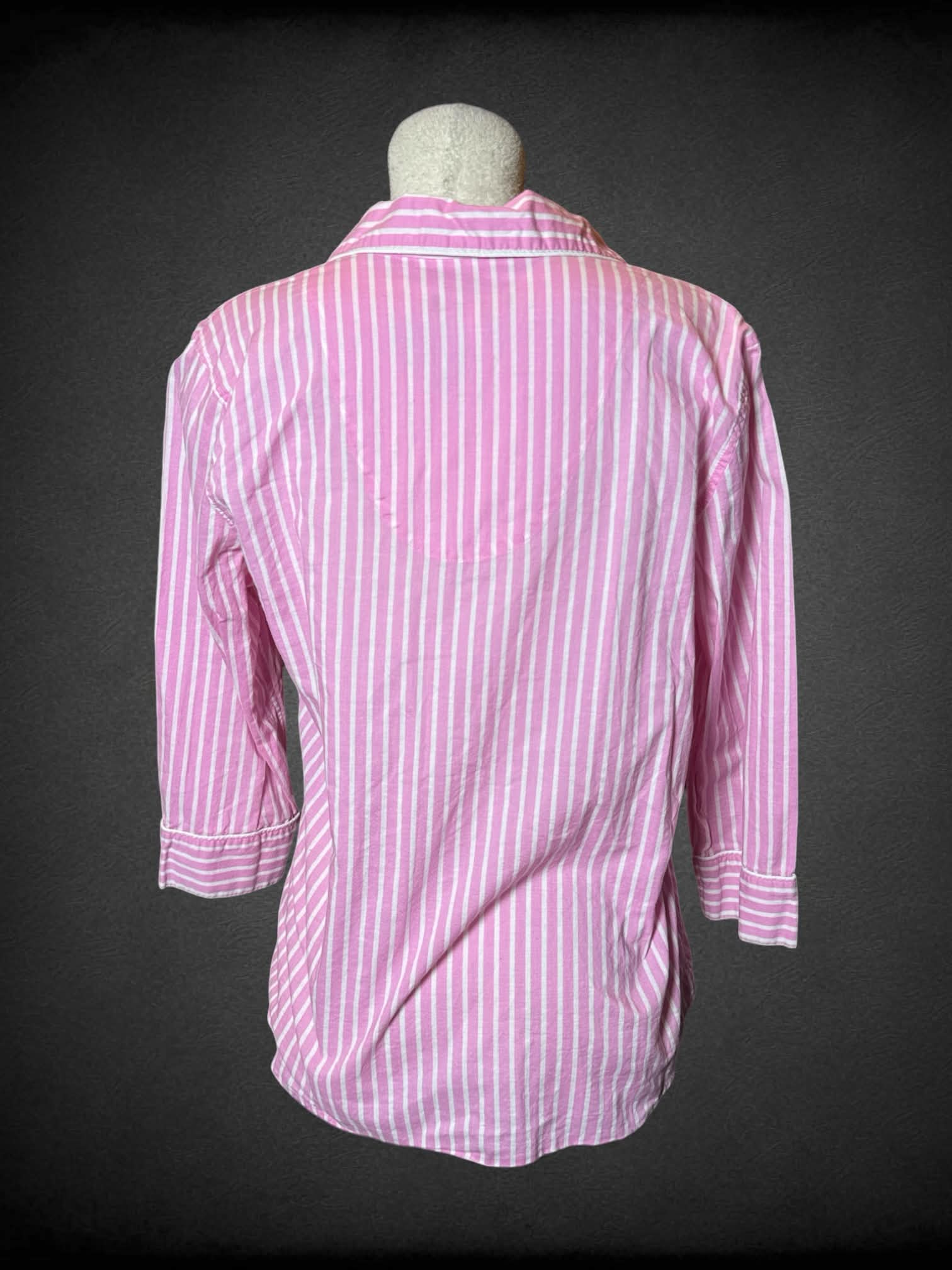 L Chaps pink & white striped button-up shirt with embroidered “C” on front pocket