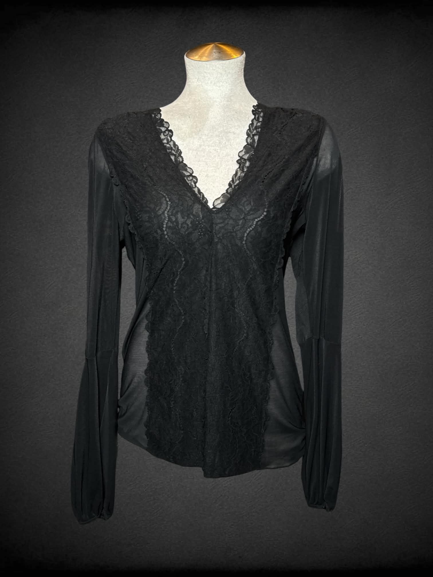 L Vicky Martin black sheer long-sleeve top with lace on front