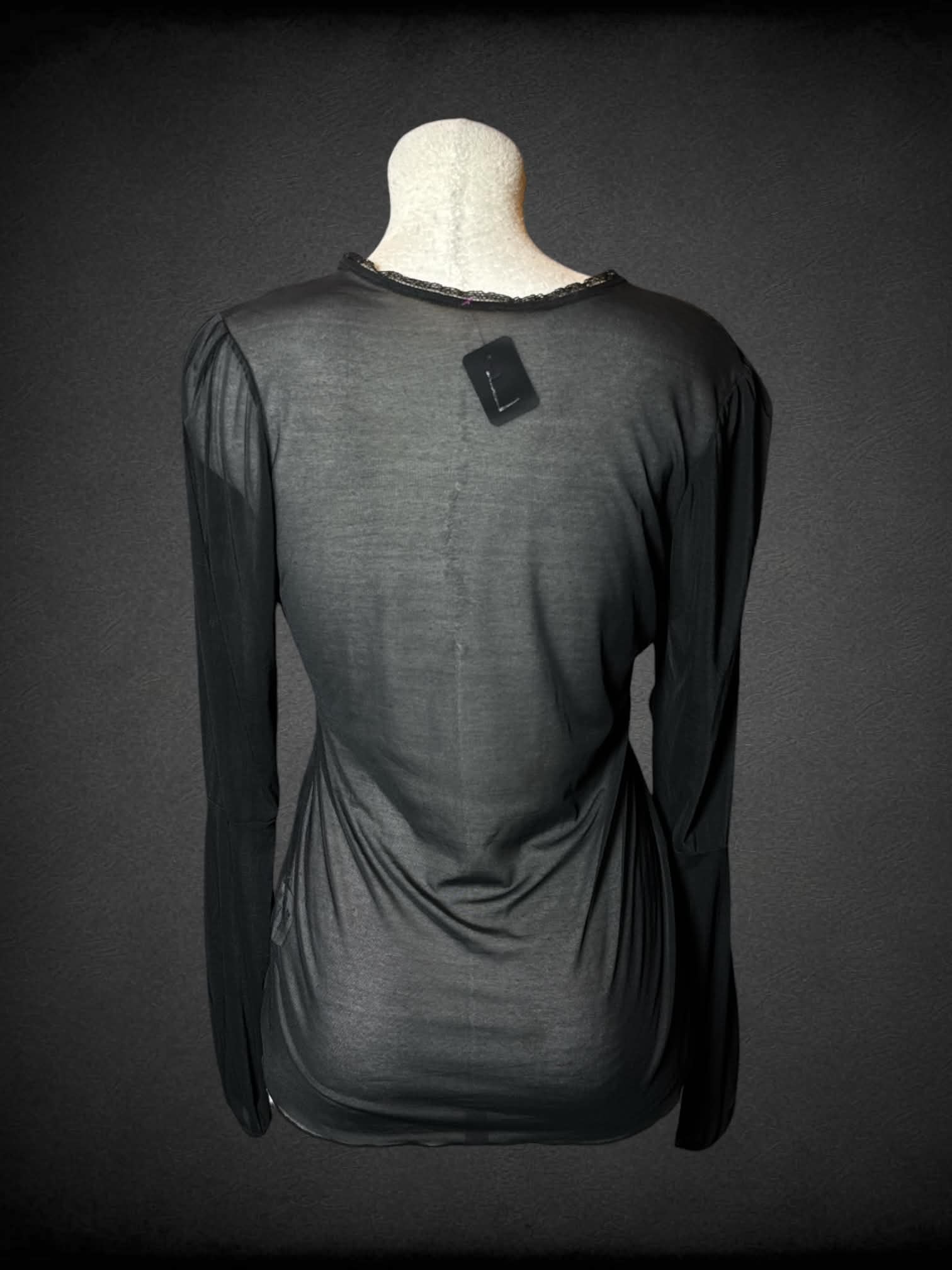 L Vicky Martin black sheer long-sleeve top with lace on front