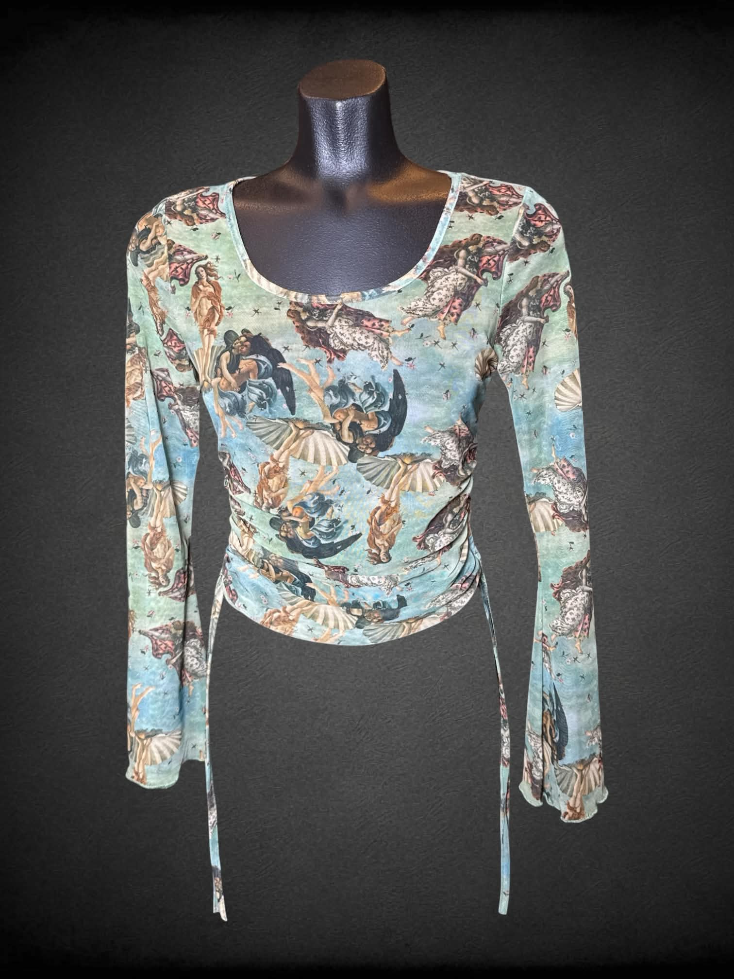 S Social Collision green long-sleeve shirt with renaissance painting pattern, and cinched sides