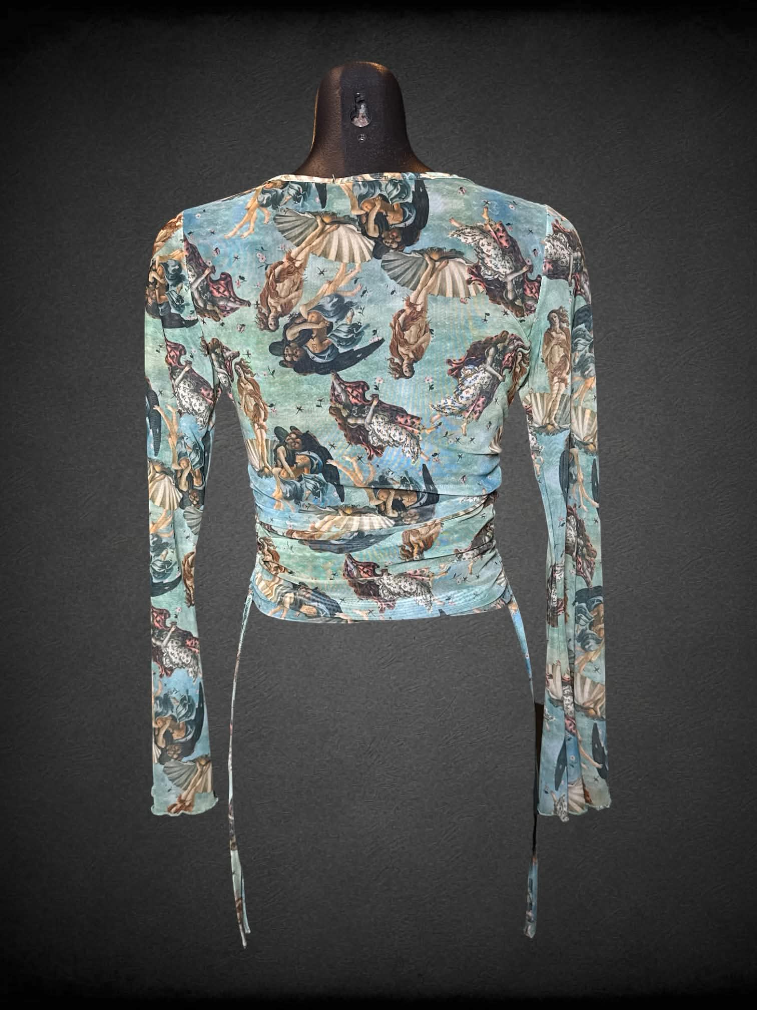 S Social Collision green long-sleeve shirt with renaissance painting pattern, and cinched sides