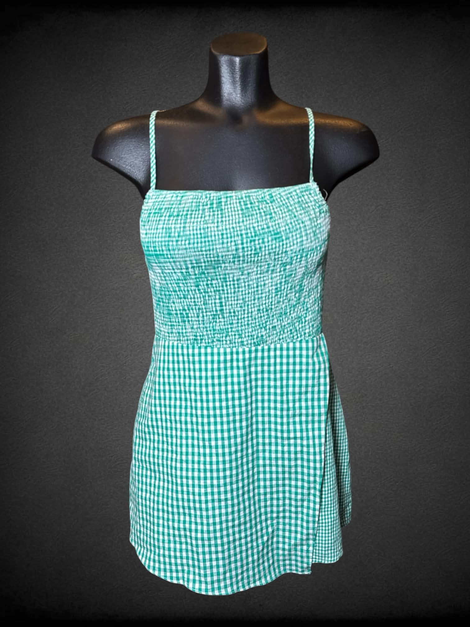 S Urban Outfitters green & white gingham jumpsuit with adjustable straps, and zipper on bac