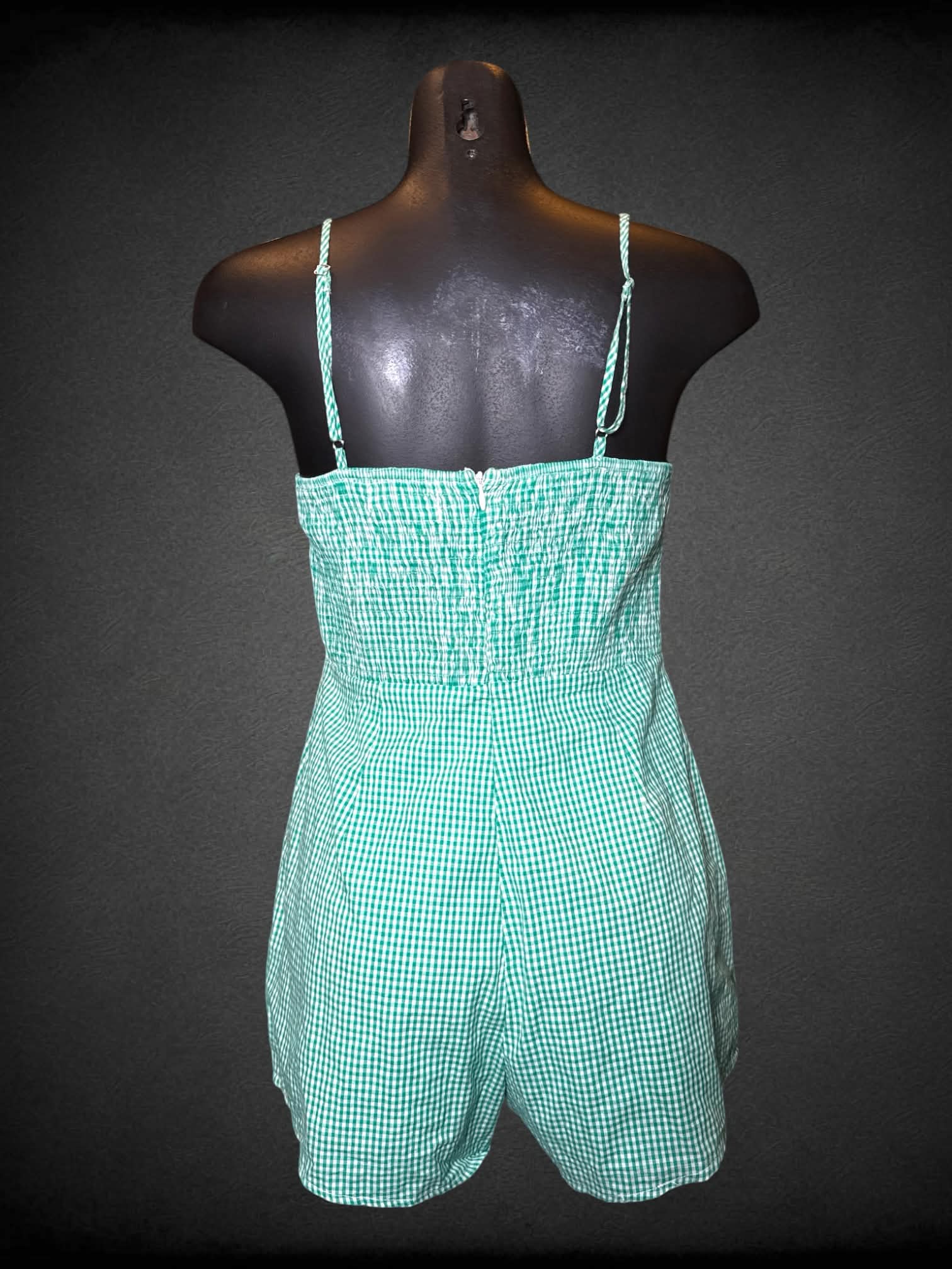 S Urban Outfitters green & white gingham jumpsuit with adjustable straps, and zipper on bac