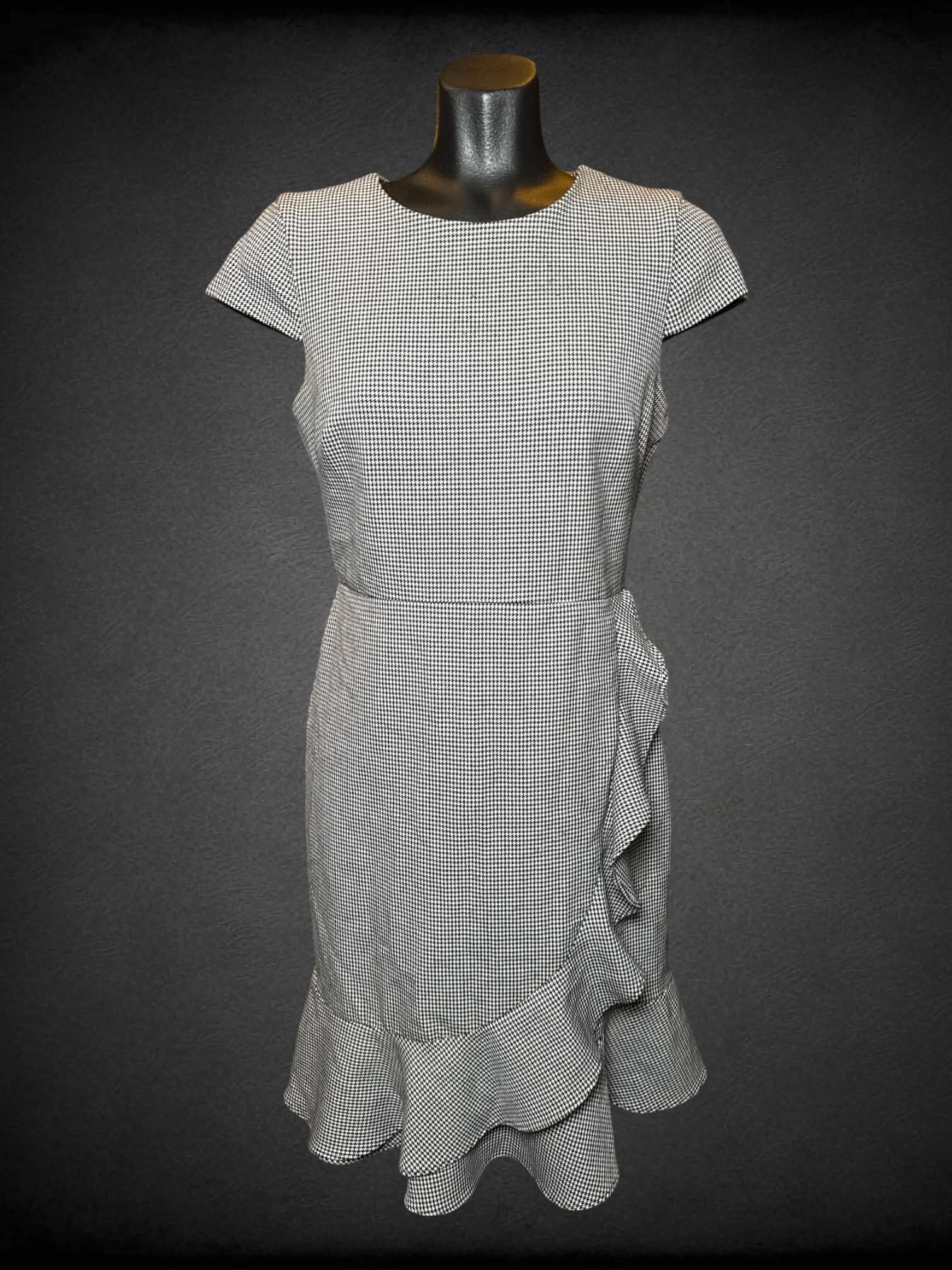 S Karl Lagerfield black & white dress with houndstooth pattern, asymmetrical ruffle design on front, and zipper on back