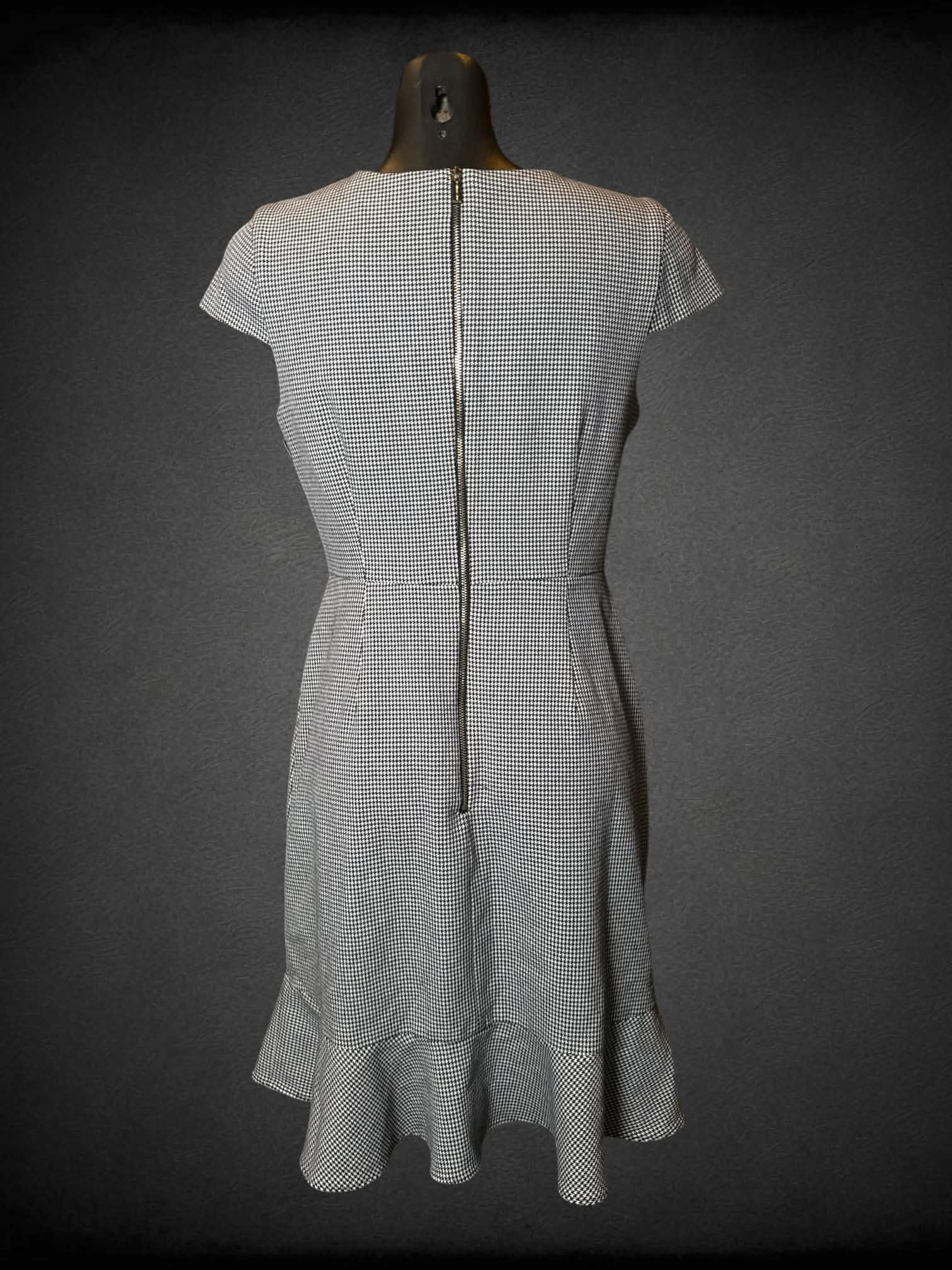 S Karl Lagerfield black & white dress with houndstooth pattern, asymmetrical ruffle design on front, and zipper on back