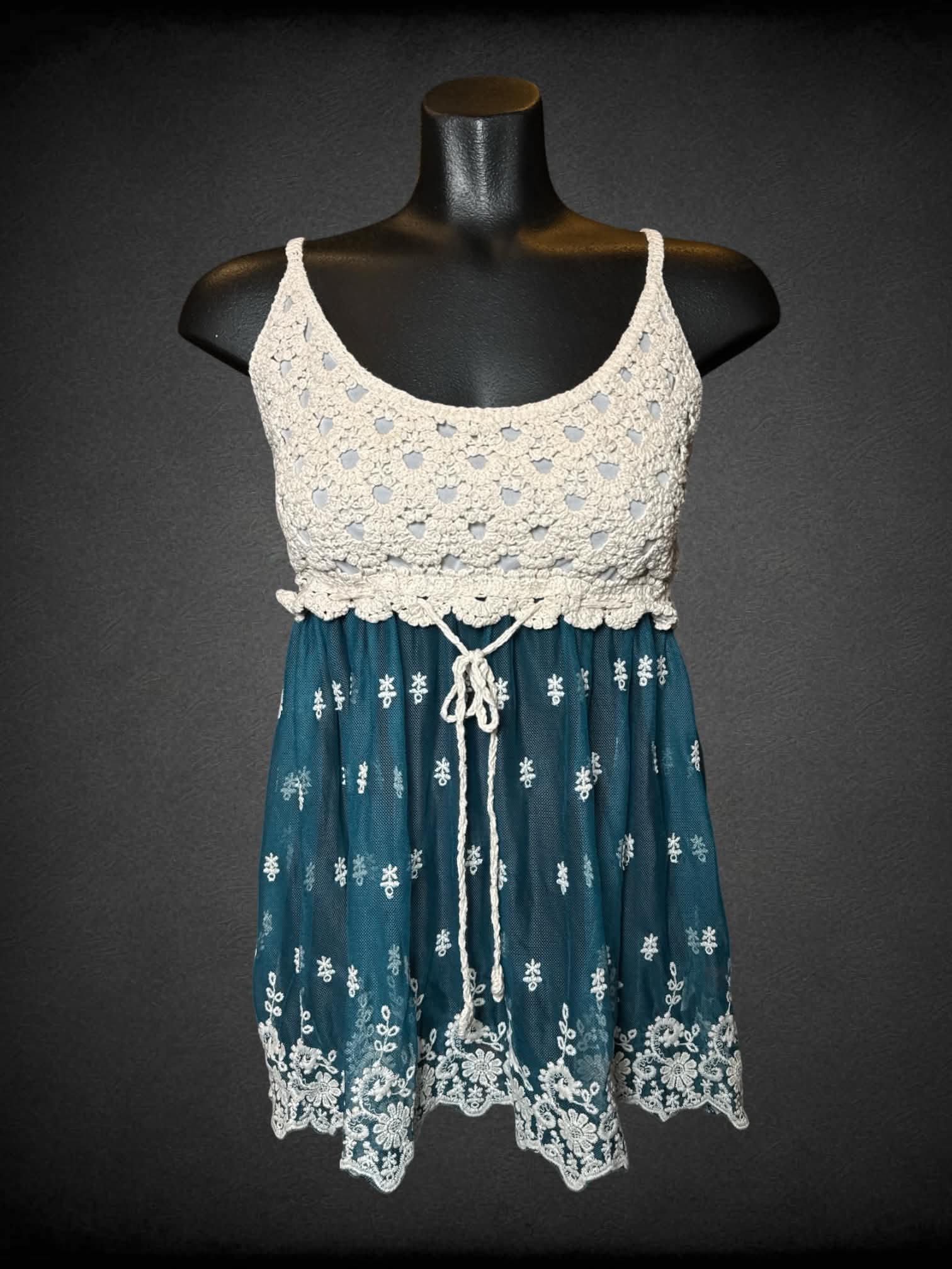 M Rebellion white & blue sheer babydoll top with woven top and embroidered hem