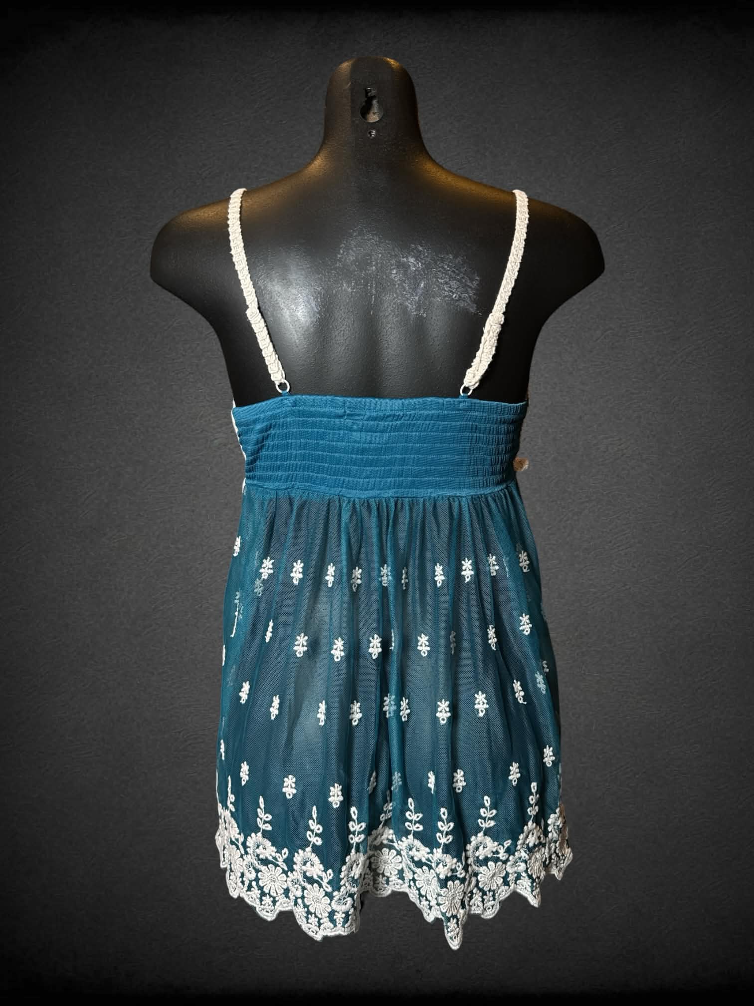 M Rebellion white & blue sheer babydoll top with woven top and embroidered hem