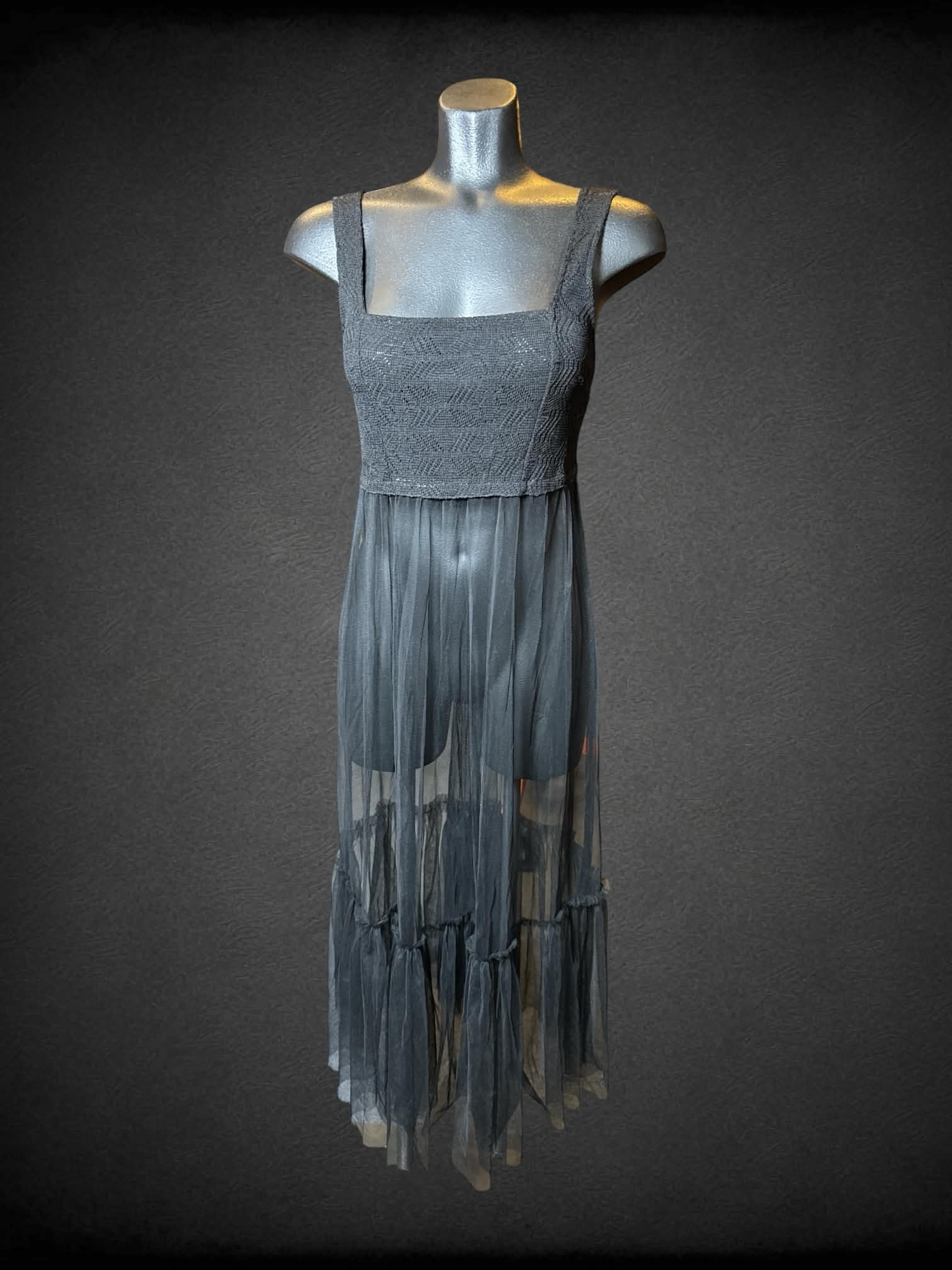 M Free People black sheer dress with woven top, and adjustable tie on back
