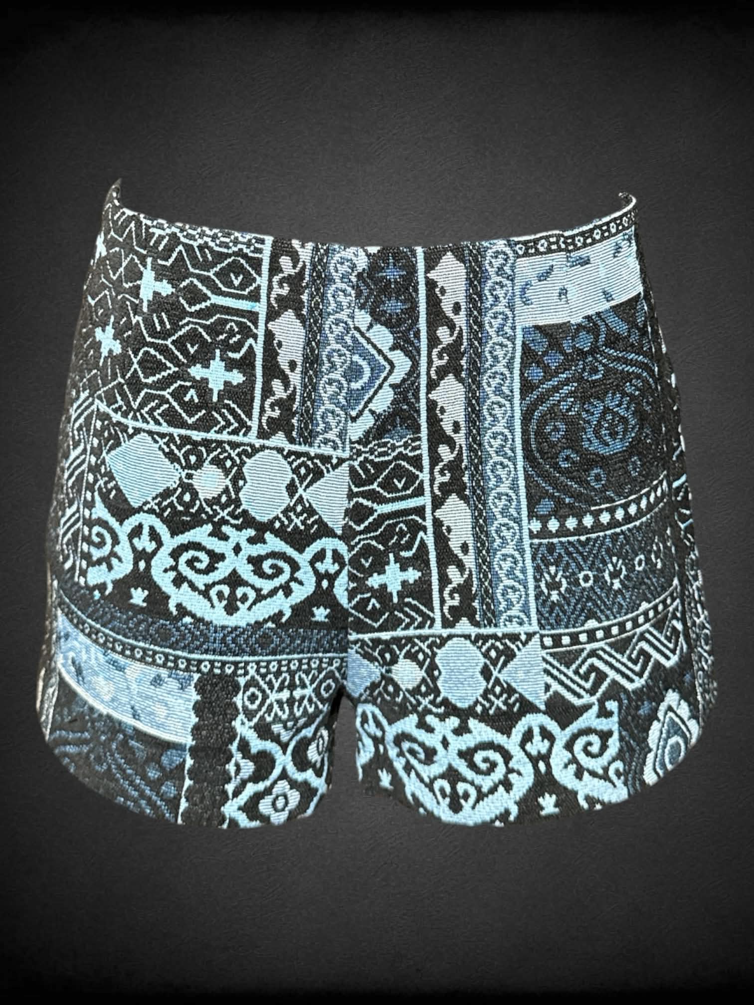 M Ecote blue & black shorts with tapestry pattern, and zipper on back